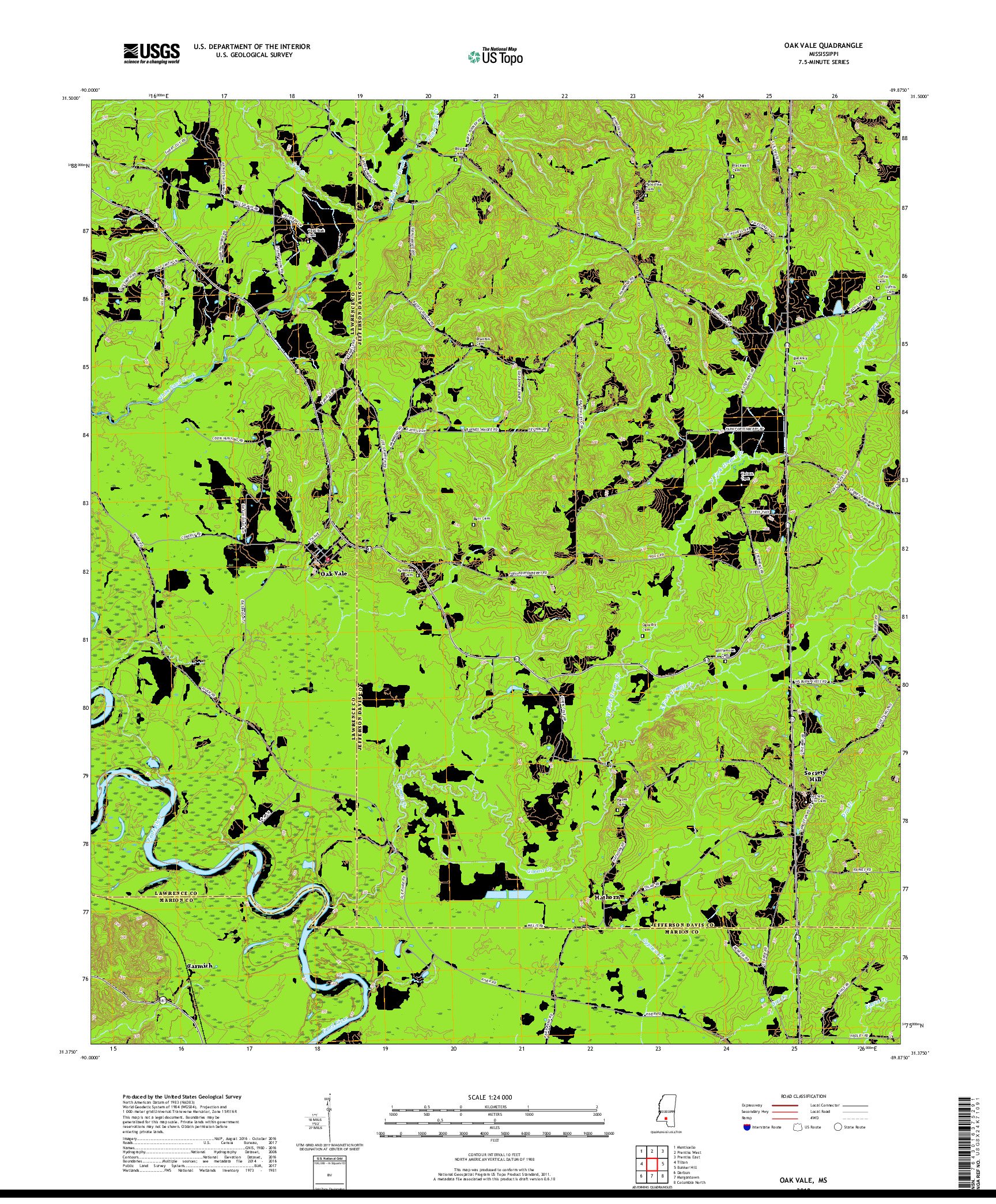 USGS US TOPO 7.5-MINUTE MAP FOR OAK VALE, MS 2018