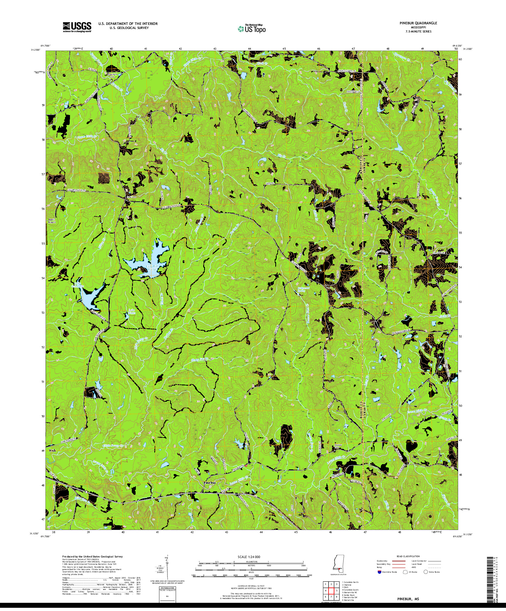 USGS US TOPO 7.5-MINUTE MAP FOR PINEBUR, MS 2018