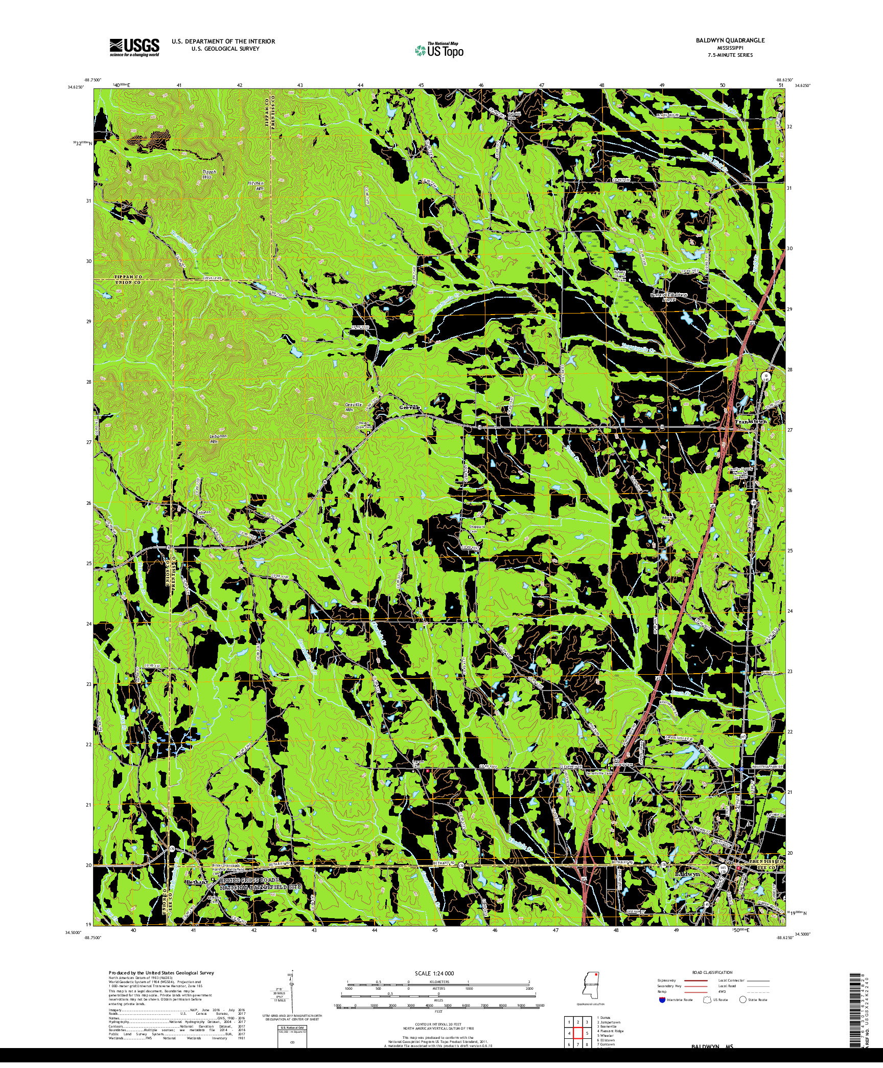 USGS US TOPO 7.5-MINUTE MAP FOR BALDWYN, MS 2018