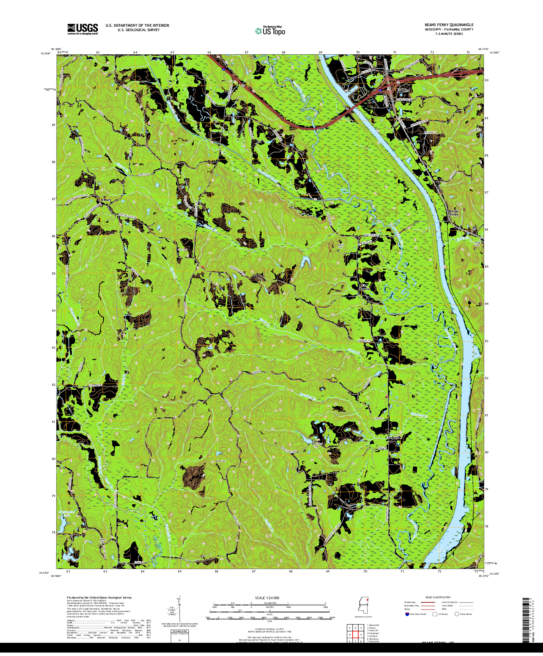 USGS US TOPO 7.5-MINUTE MAP FOR BEANS FERRY, MS 2018
