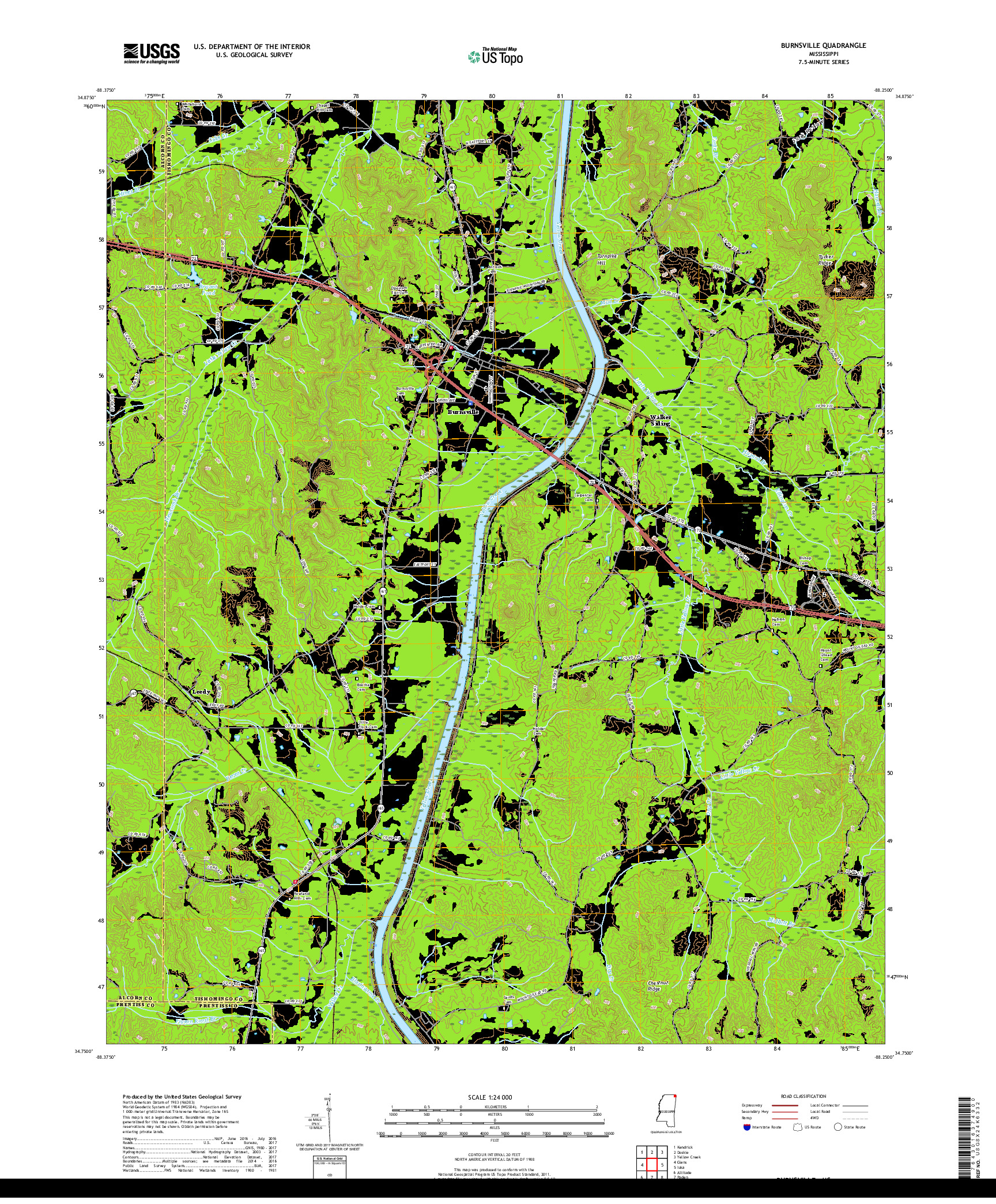 USGS US TOPO 7.5-MINUTE MAP FOR BURNSVILLE, MS 2018