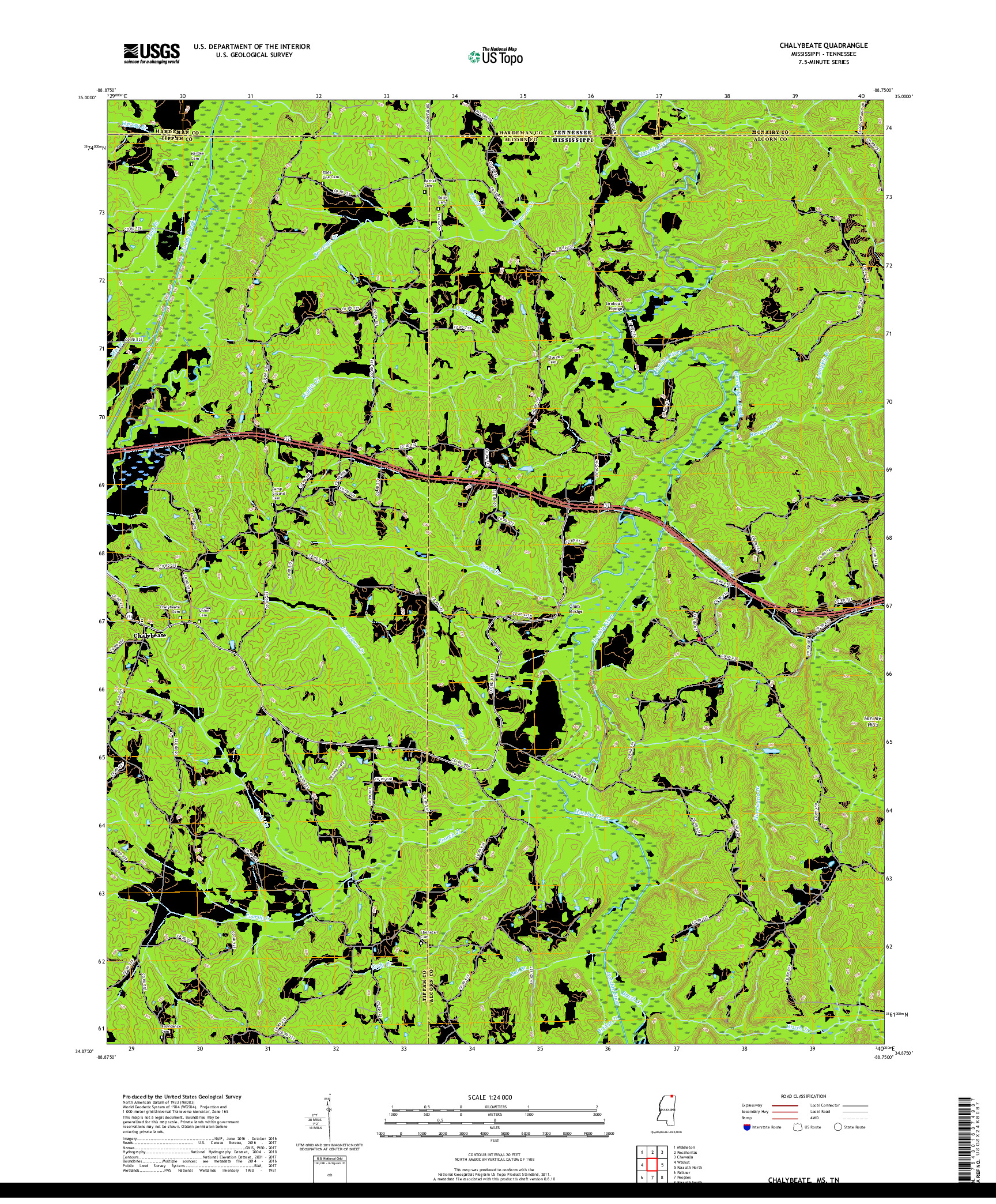 USGS US TOPO 7.5-MINUTE MAP FOR CHALYBEATE, MS,TN 2018