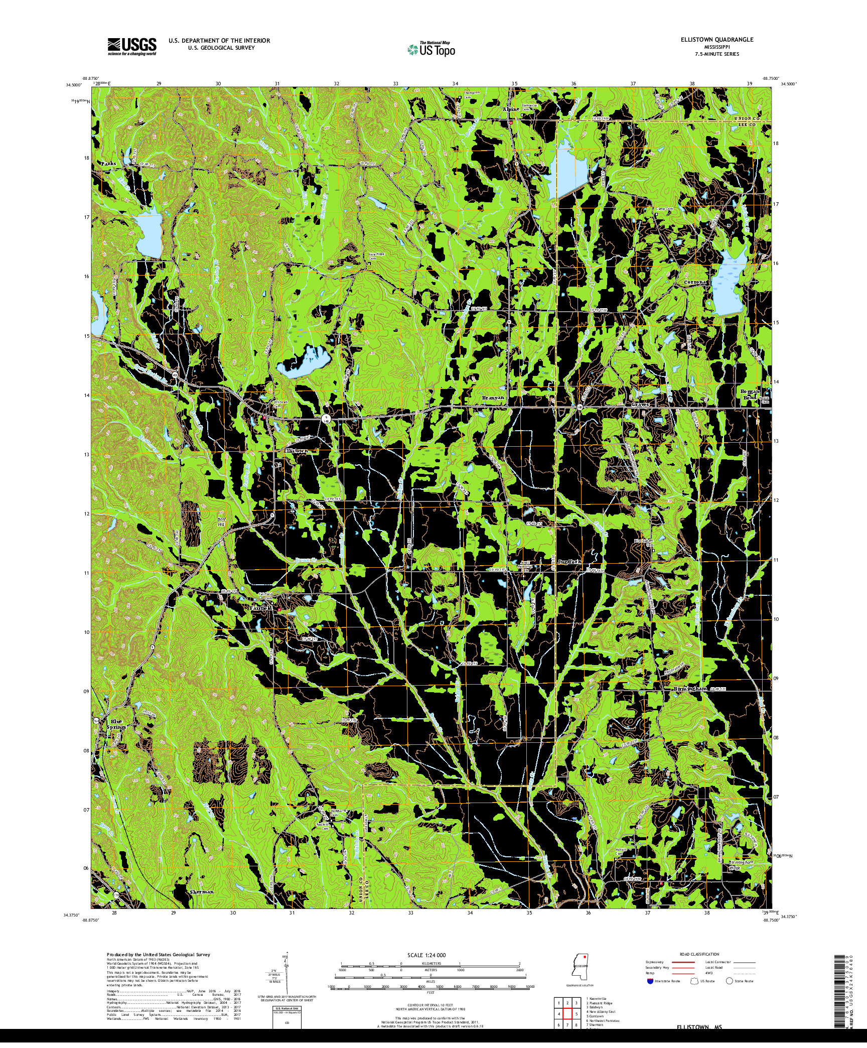 USGS US TOPO 7.5-MINUTE MAP FOR ELLISTOWN, MS 2018