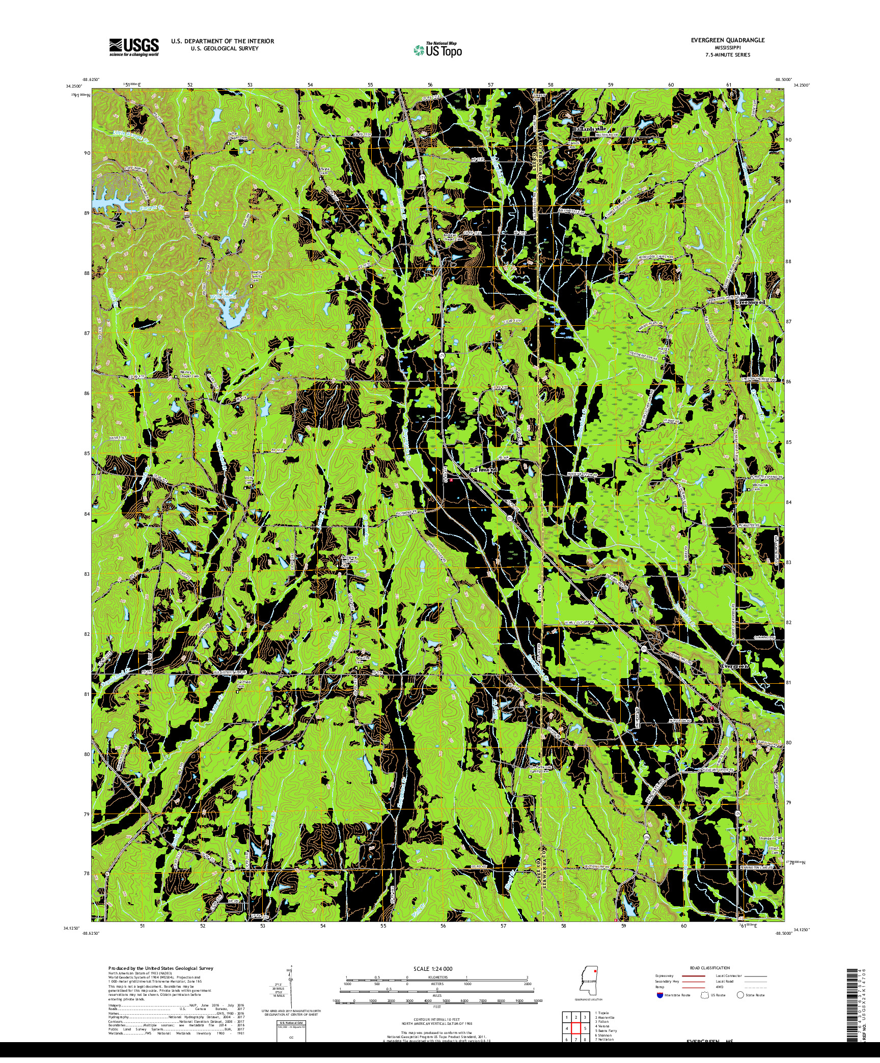 USGS US TOPO 7.5-MINUTE MAP FOR EVERGREEN, MS 2018