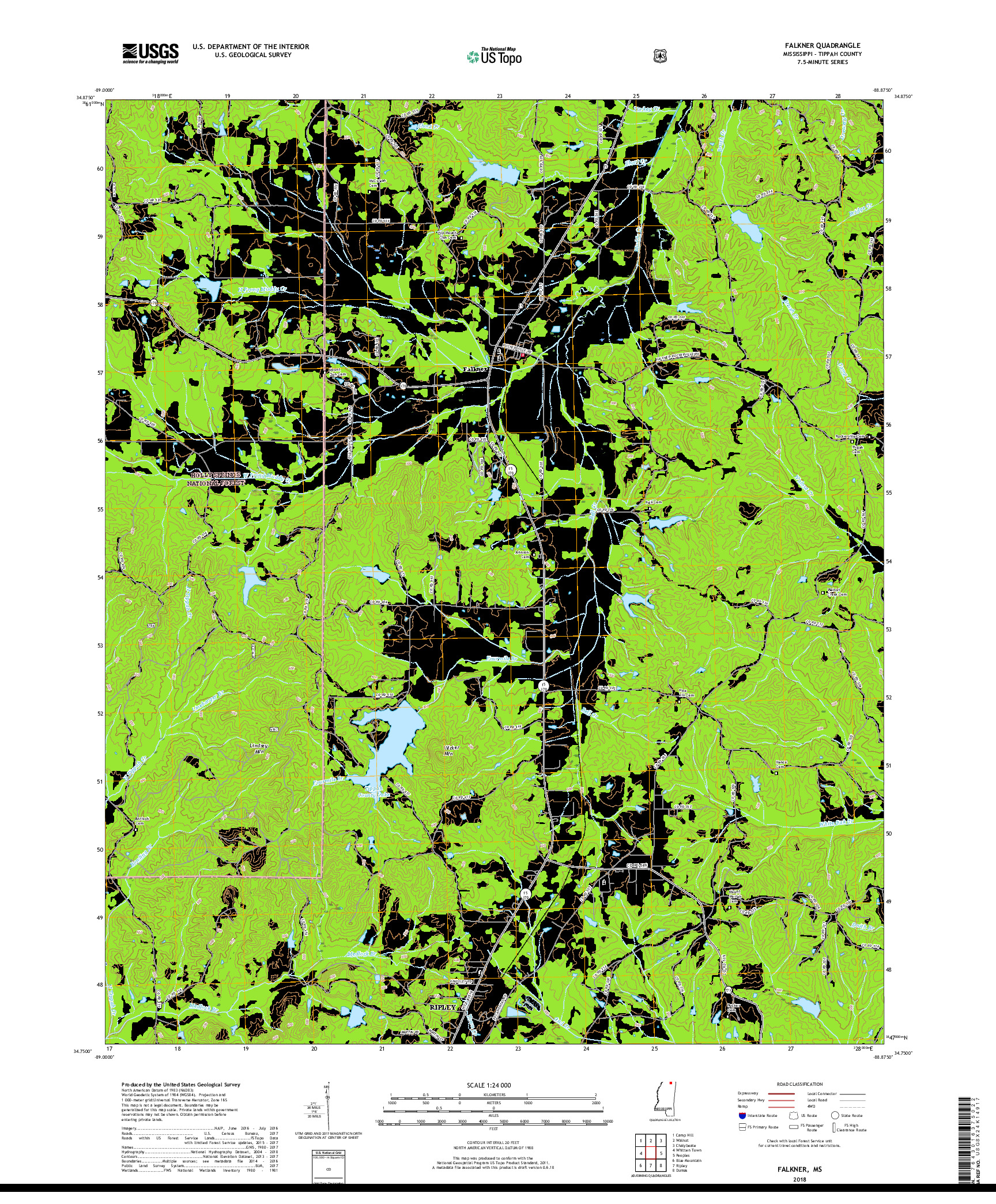 USGS US TOPO 7.5-MINUTE MAP FOR FALKNER, MS 2018