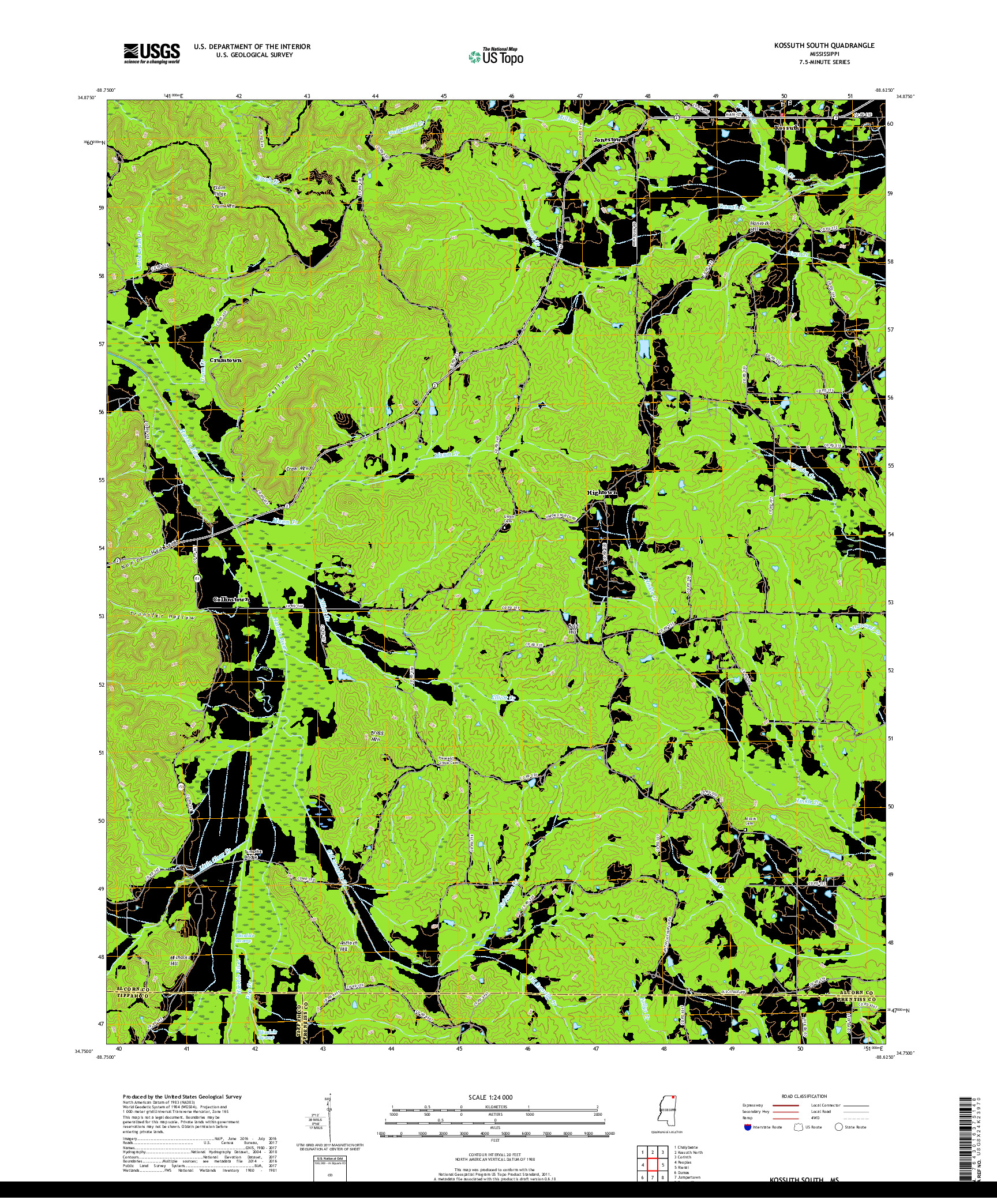 USGS US TOPO 7.5-MINUTE MAP FOR KOSSUTH SOUTH, MS 2018