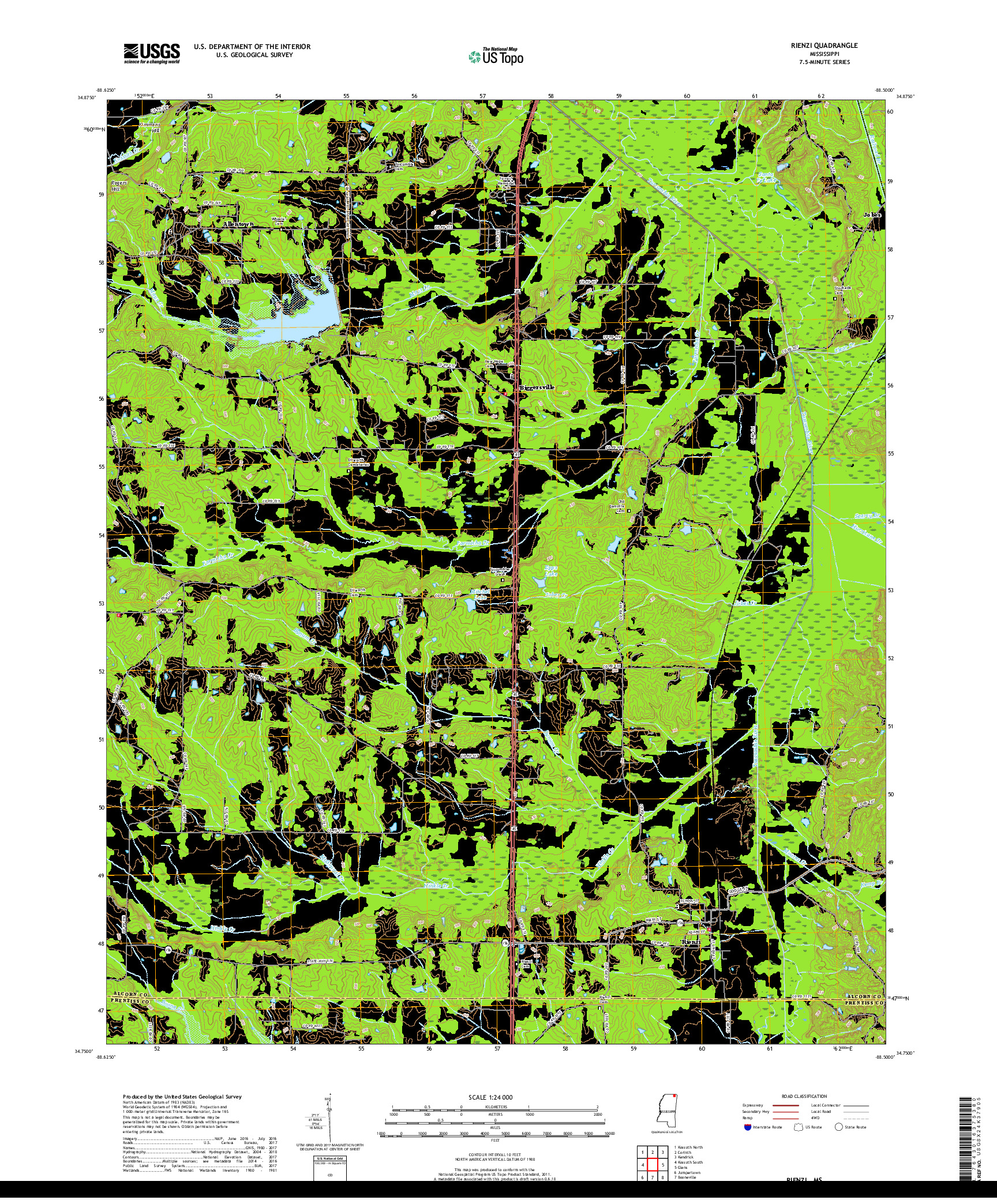 USGS US TOPO 7.5-MINUTE MAP FOR RIENZI, MS 2018