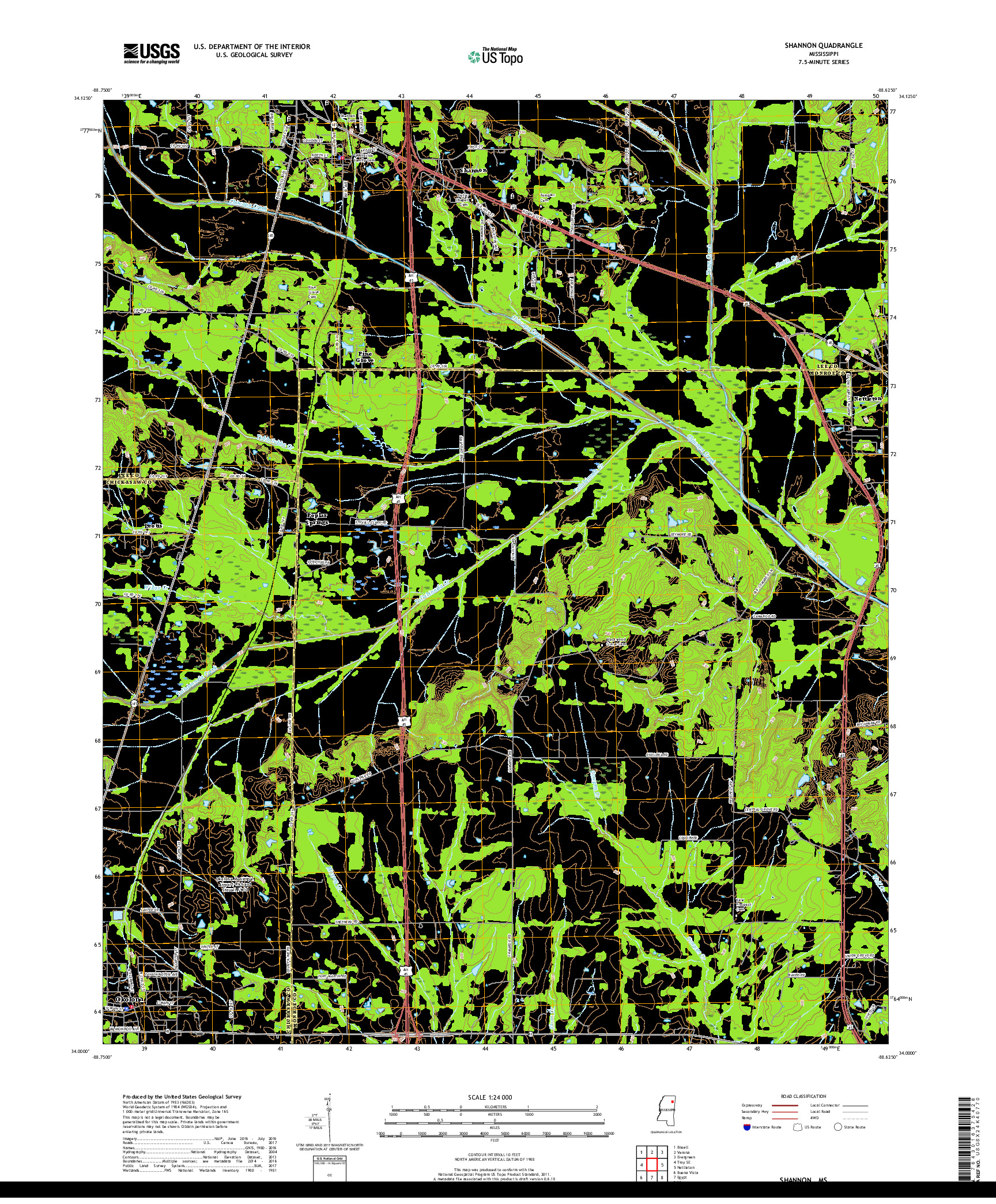 USGS US TOPO 7.5-MINUTE MAP FOR SHANNON, MS 2018