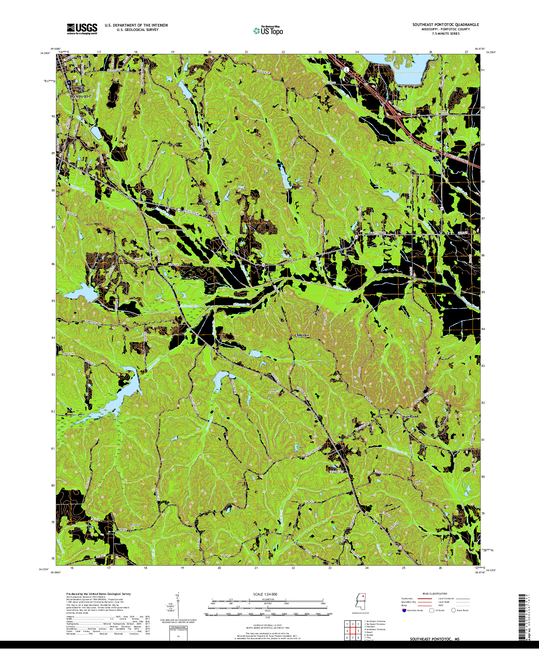 USGS US TOPO 7.5-MINUTE MAP FOR SOUTHEAST PONTOTOC, MS 2018