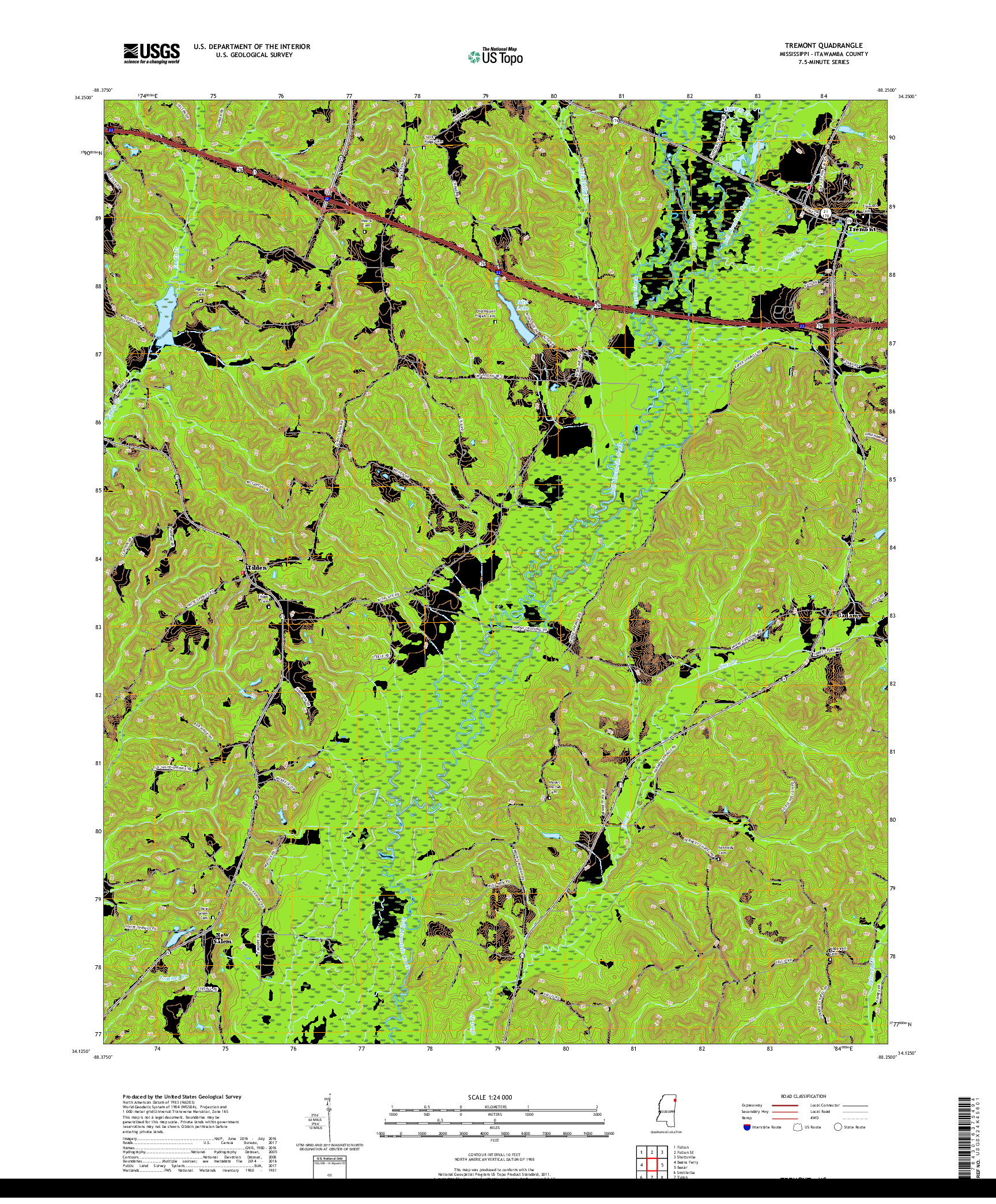 USGS US TOPO 7.5-MINUTE MAP FOR TREMONT, MS 2018