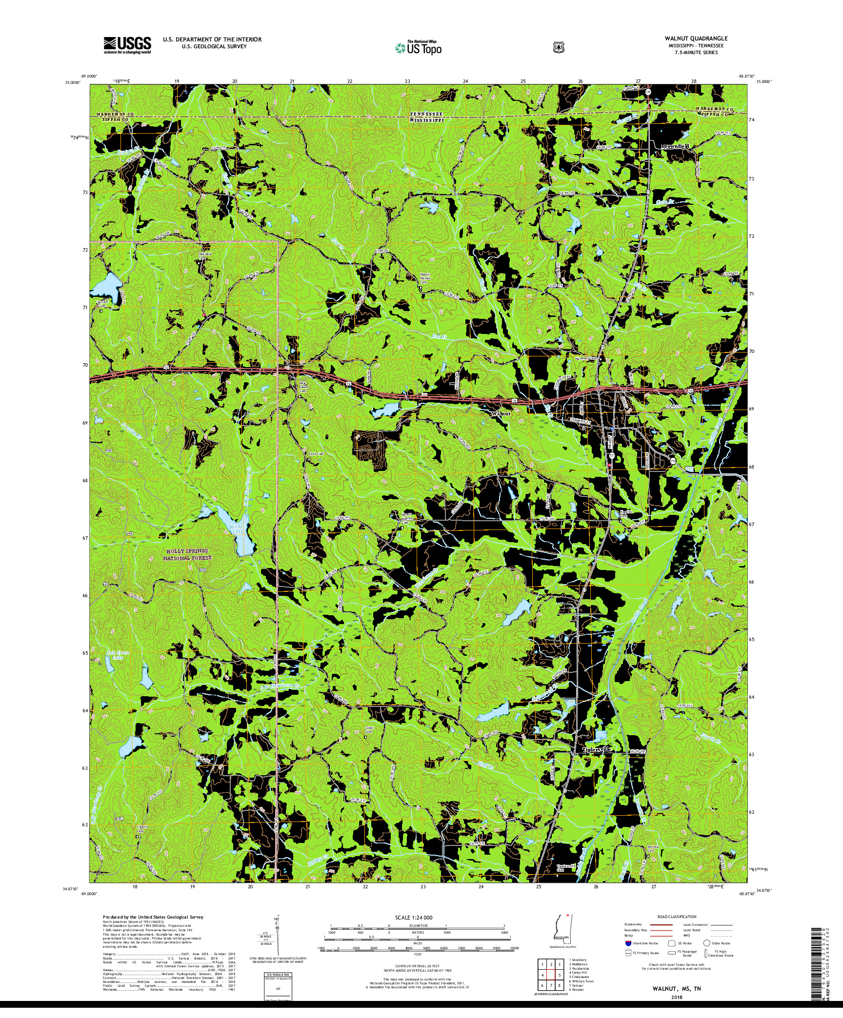 USGS US TOPO 7.5-MINUTE MAP FOR WALNUT, MS,TN 2018