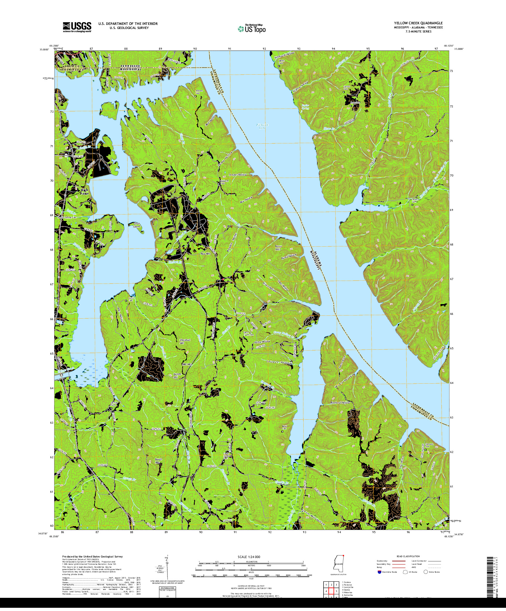USGS US TOPO 7.5-MINUTE MAP FOR YELLOW CREEK, MS,AL,TN 2018