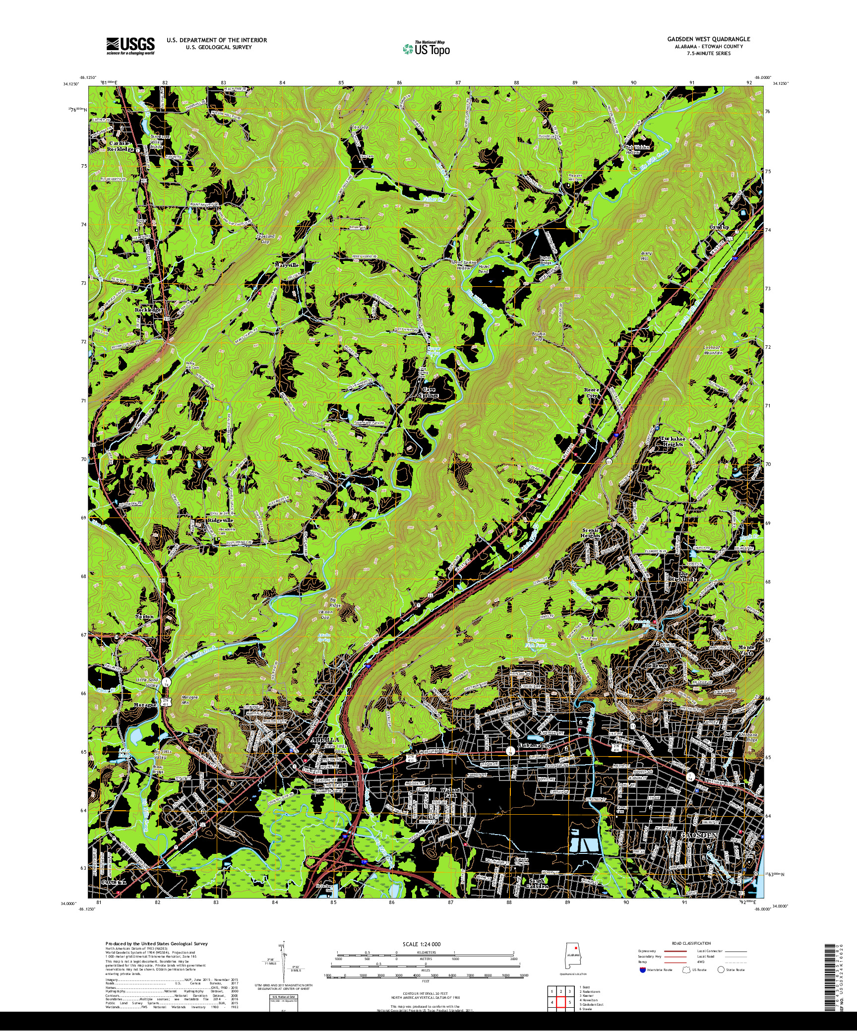 USGS US TOPO 7.5-MINUTE MAP FOR GADSDEN WEST, AL 2018