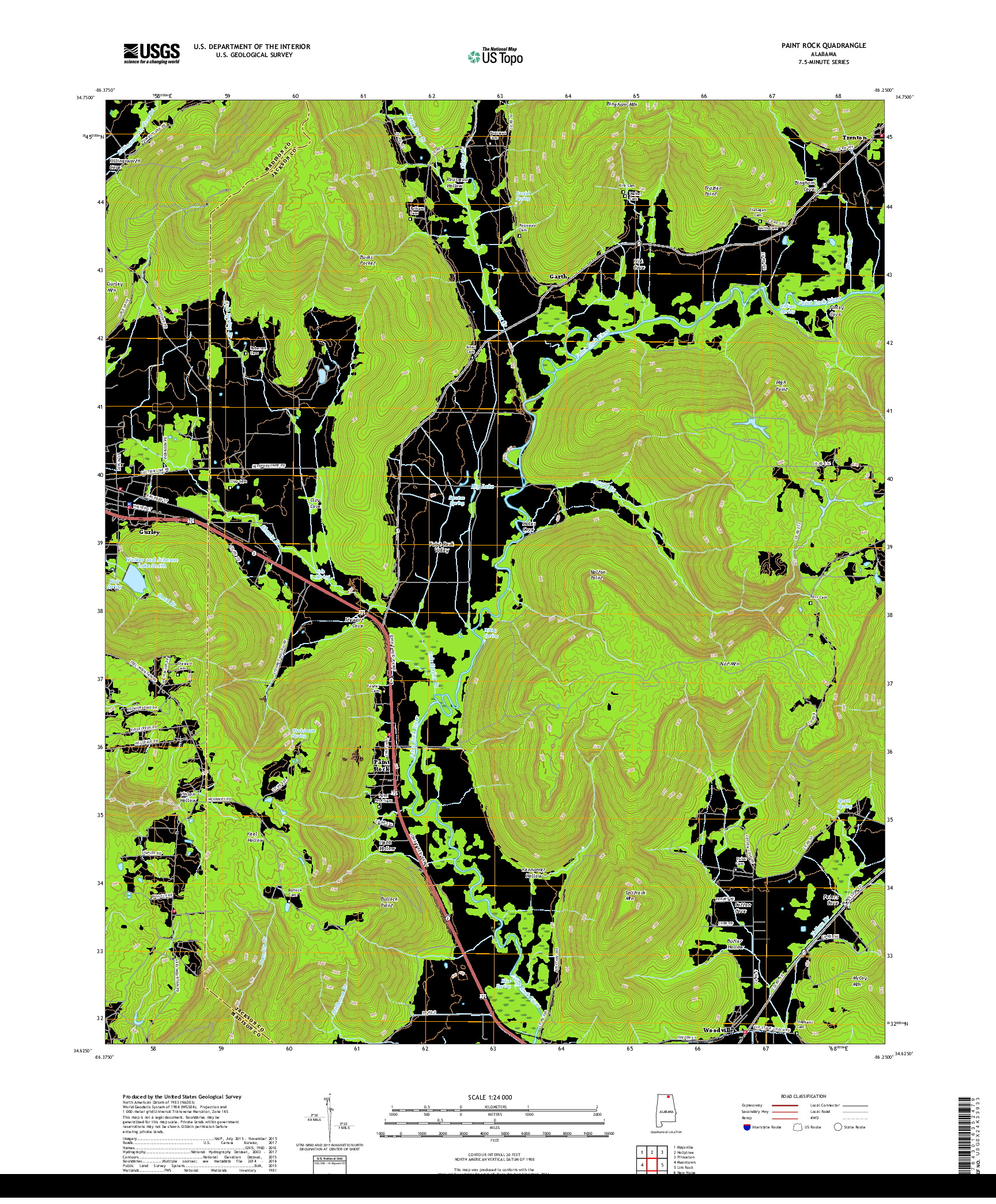 USGS US TOPO 7.5-MINUTE MAP FOR PAINT ROCK, AL 2018