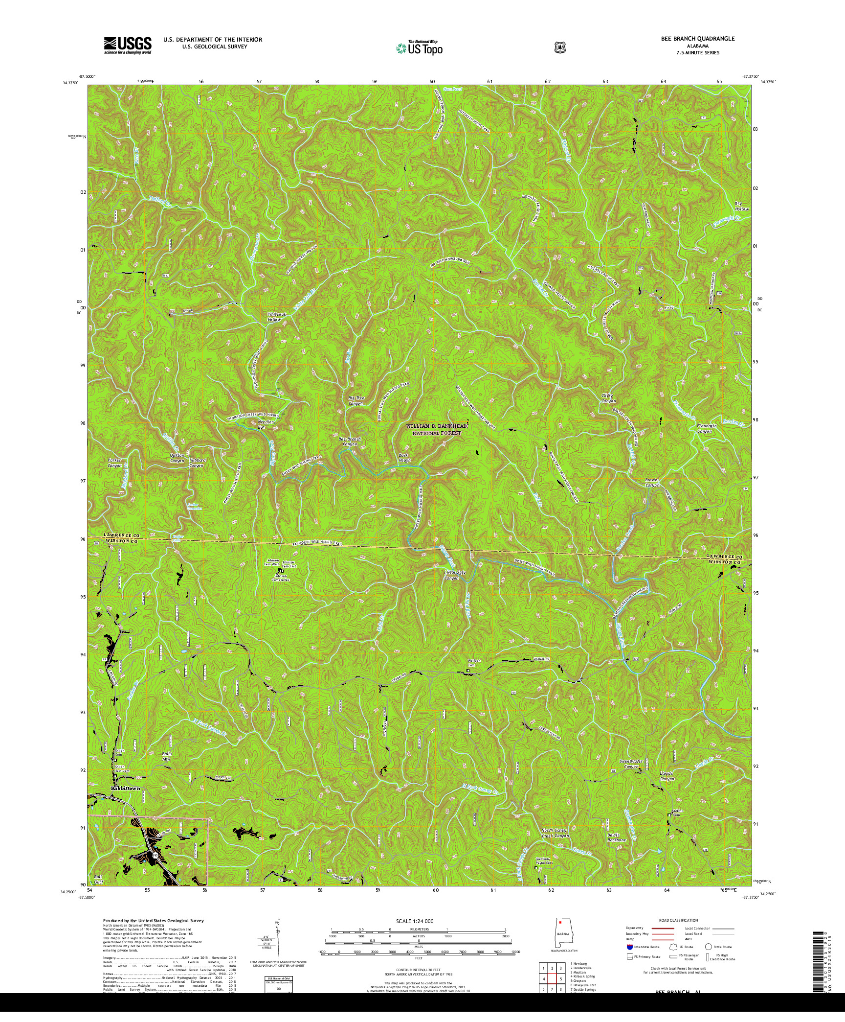 USGS US TOPO 7.5-MINUTE MAP FOR BEE BRANCH, AL 2018