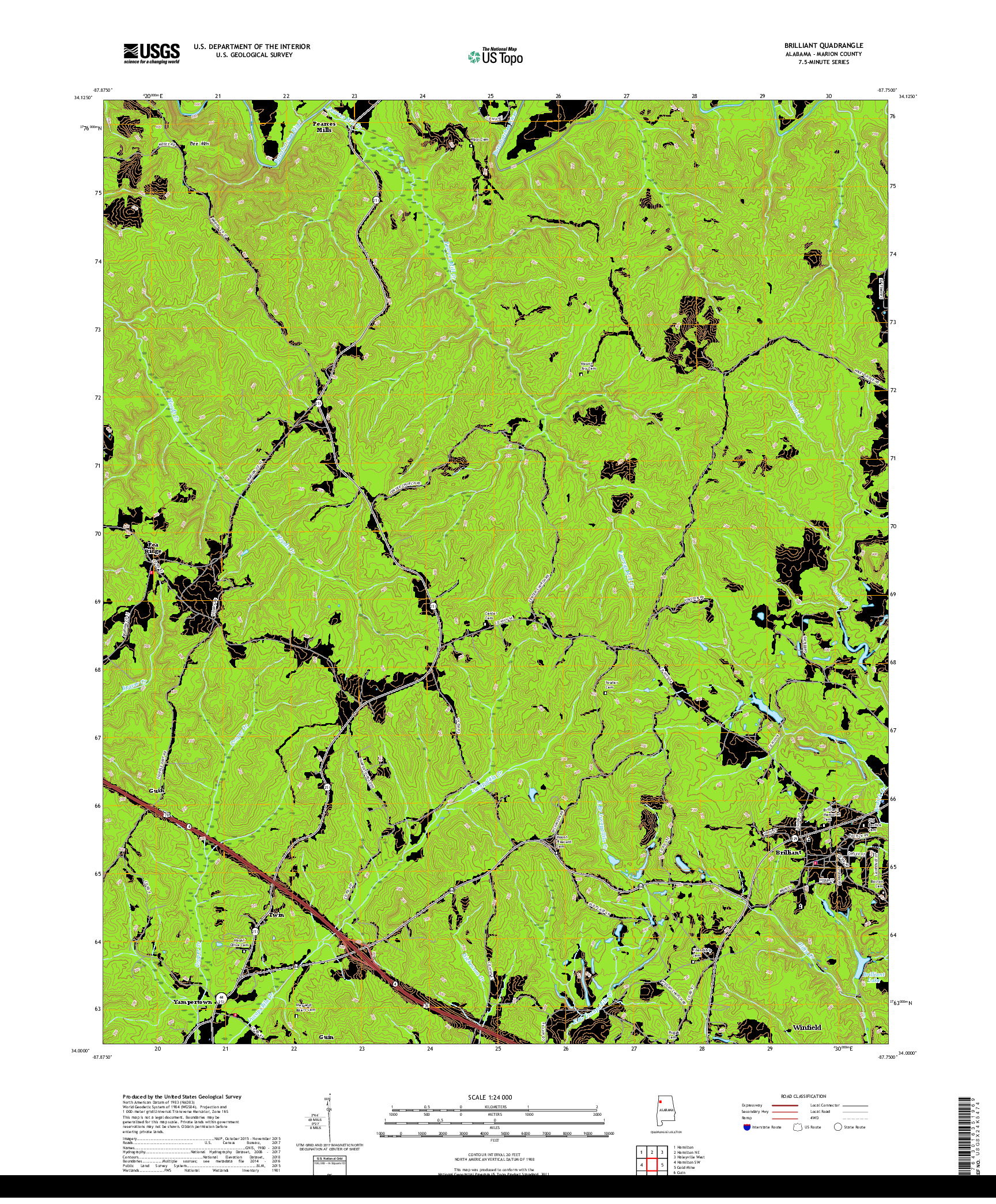 USGS US TOPO 7.5-MINUTE MAP FOR BRILLIANT, AL 2018