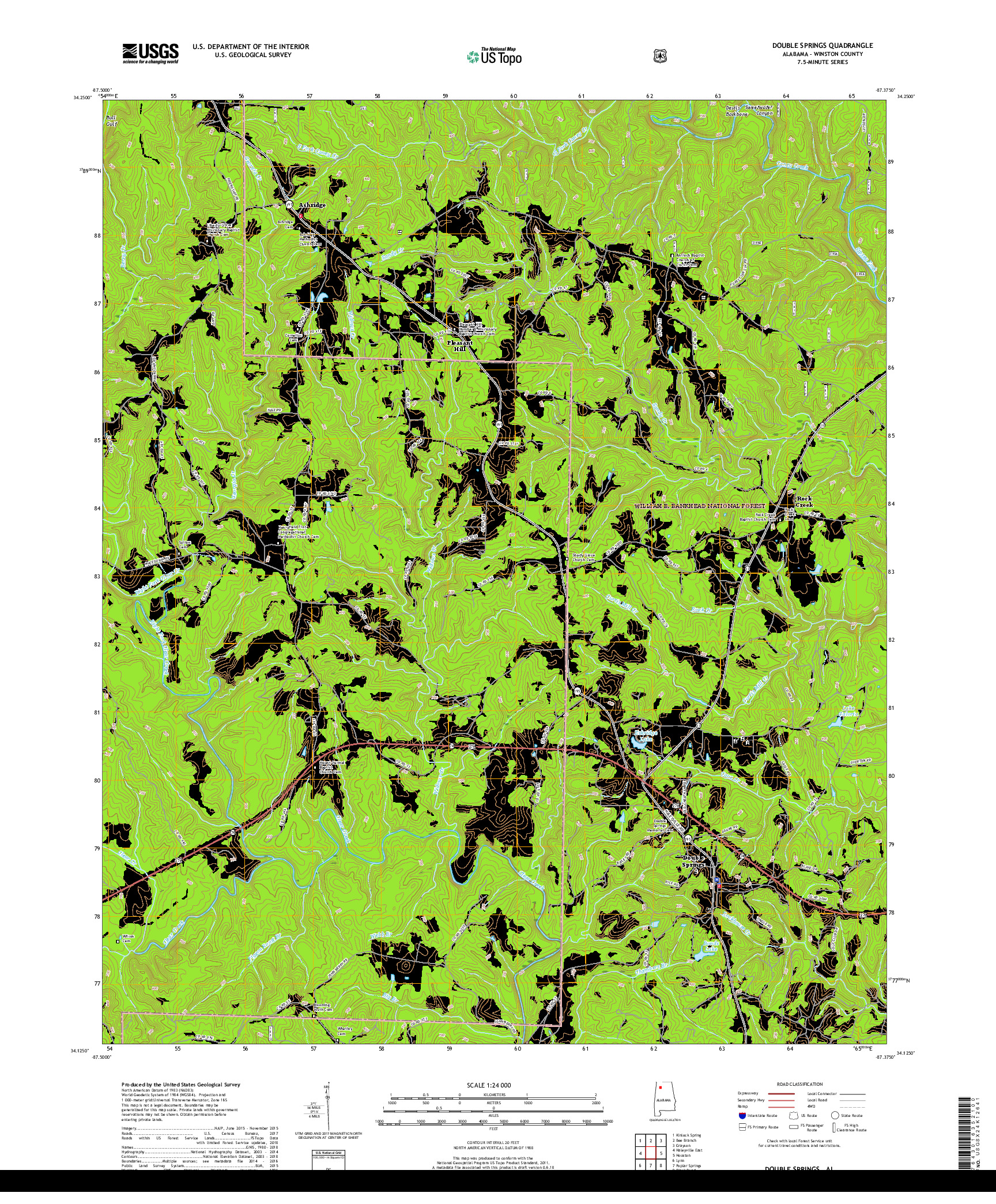 USGS US TOPO 7.5-MINUTE MAP FOR DOUBLE SPRINGS, AL 2018