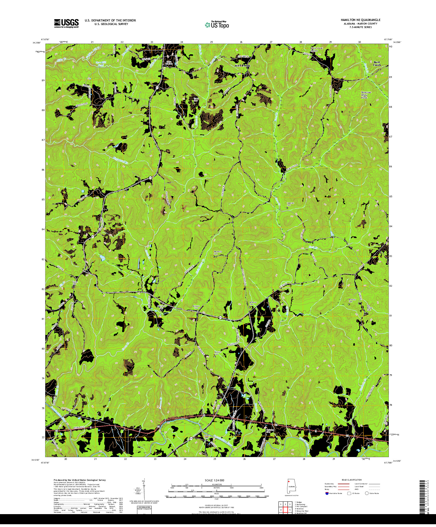 USGS US TOPO 7.5-MINUTE MAP FOR HAMILTON NE, AL 2018