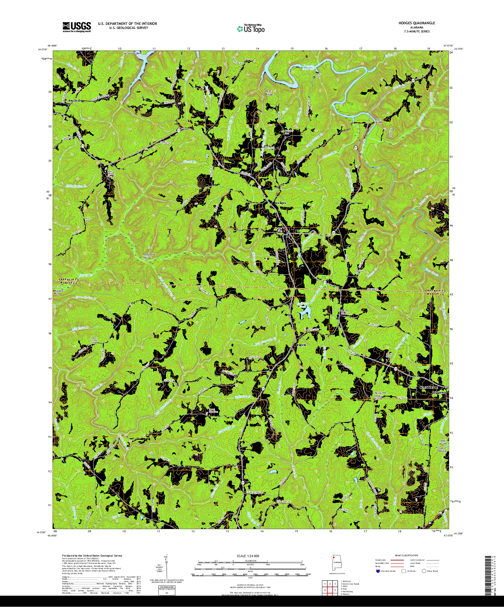 USGS US TOPO 7.5-MINUTE MAP FOR HODGES, AL 2018