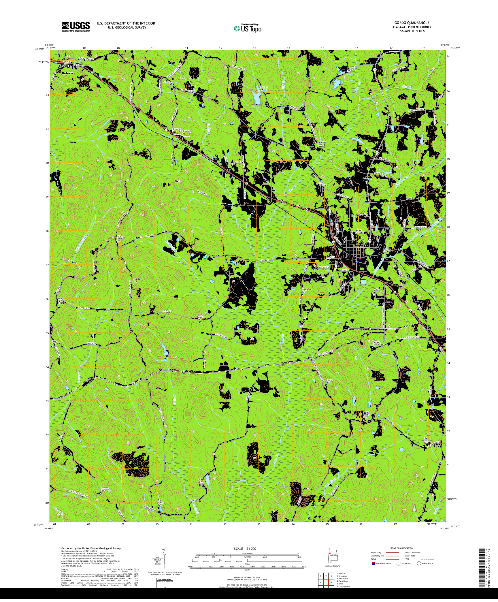 USGS US TOPO 7.5-MINUTE MAP FOR GORDO, AL 2018