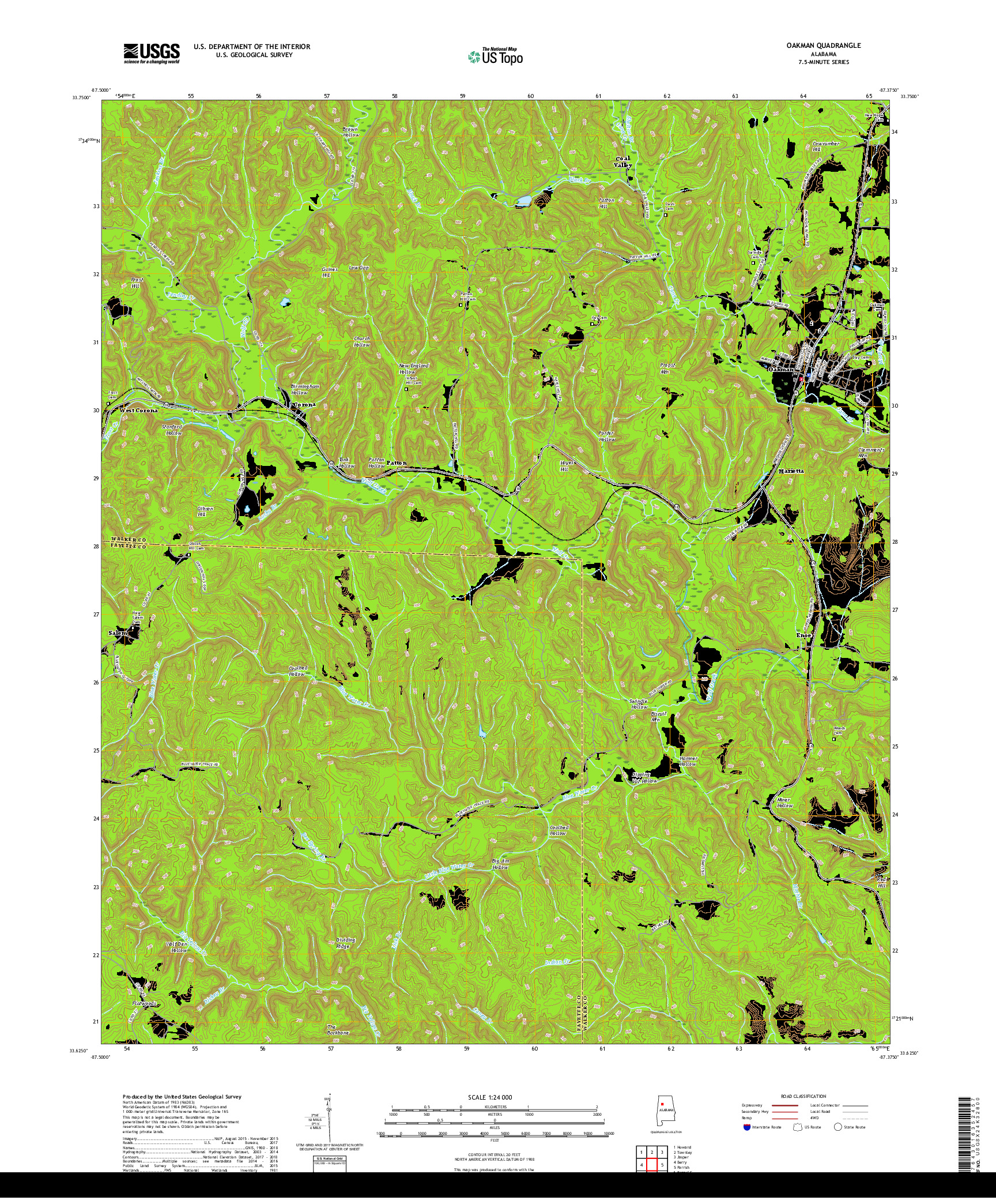 USGS US TOPO 7.5-MINUTE MAP FOR OAKMAN, AL 2018