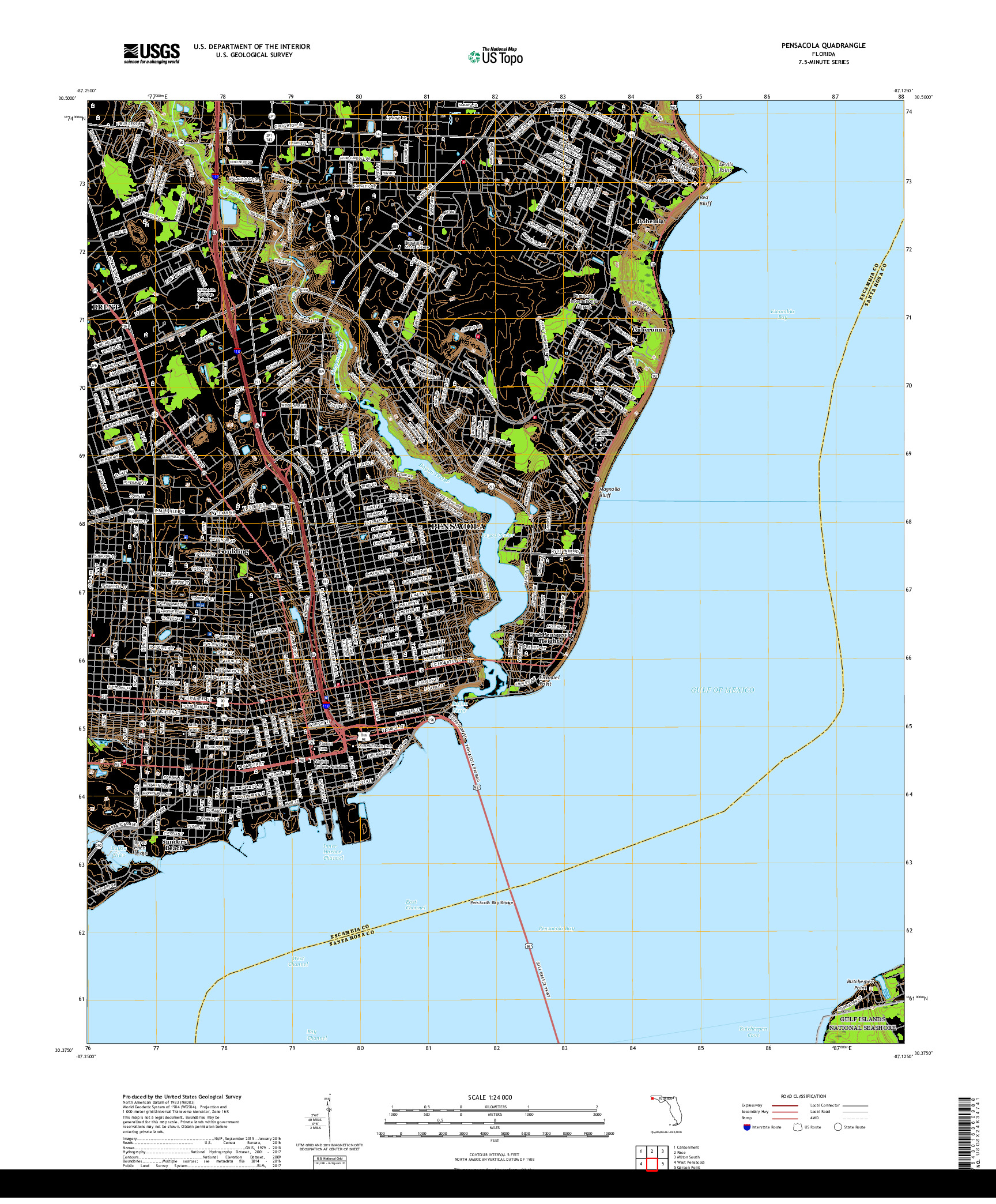 USGS US TOPO 7.5-MINUTE MAP FOR PENSACOLA, FL 2018