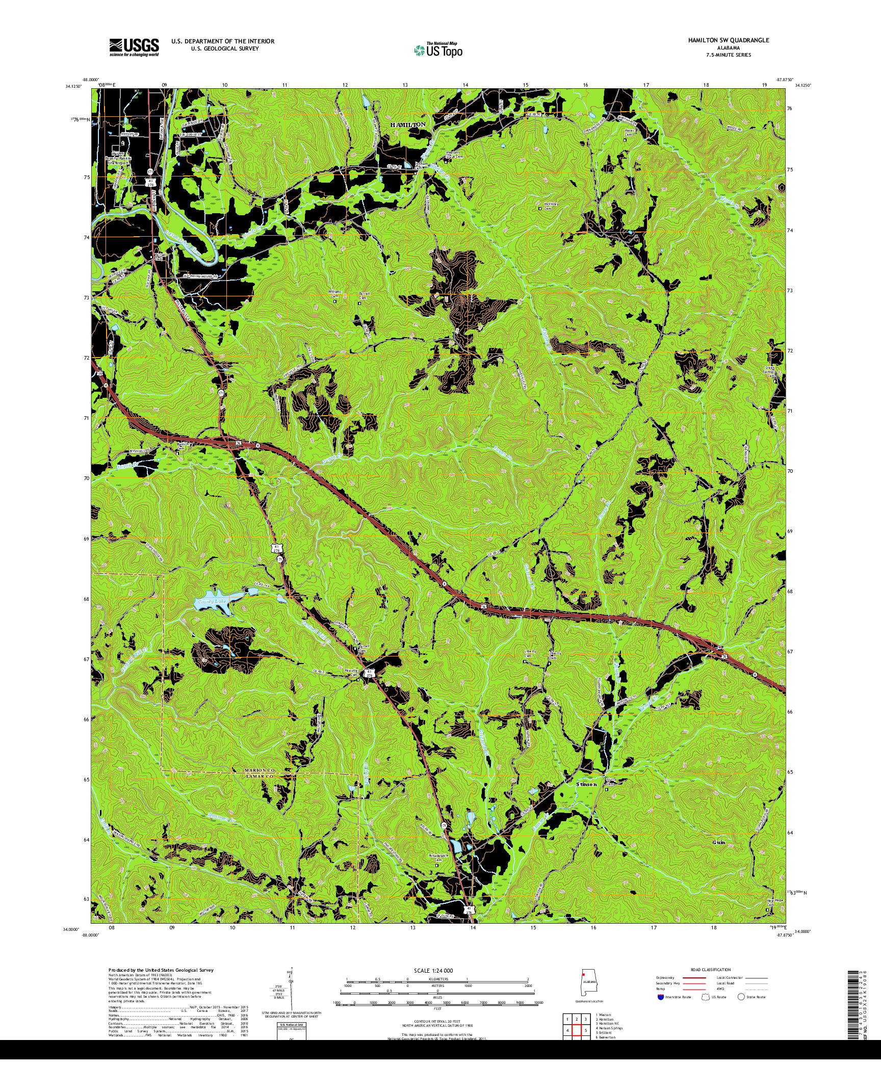 USGS US TOPO 7.5-MINUTE MAP FOR HAMILTON SW, AL 2018