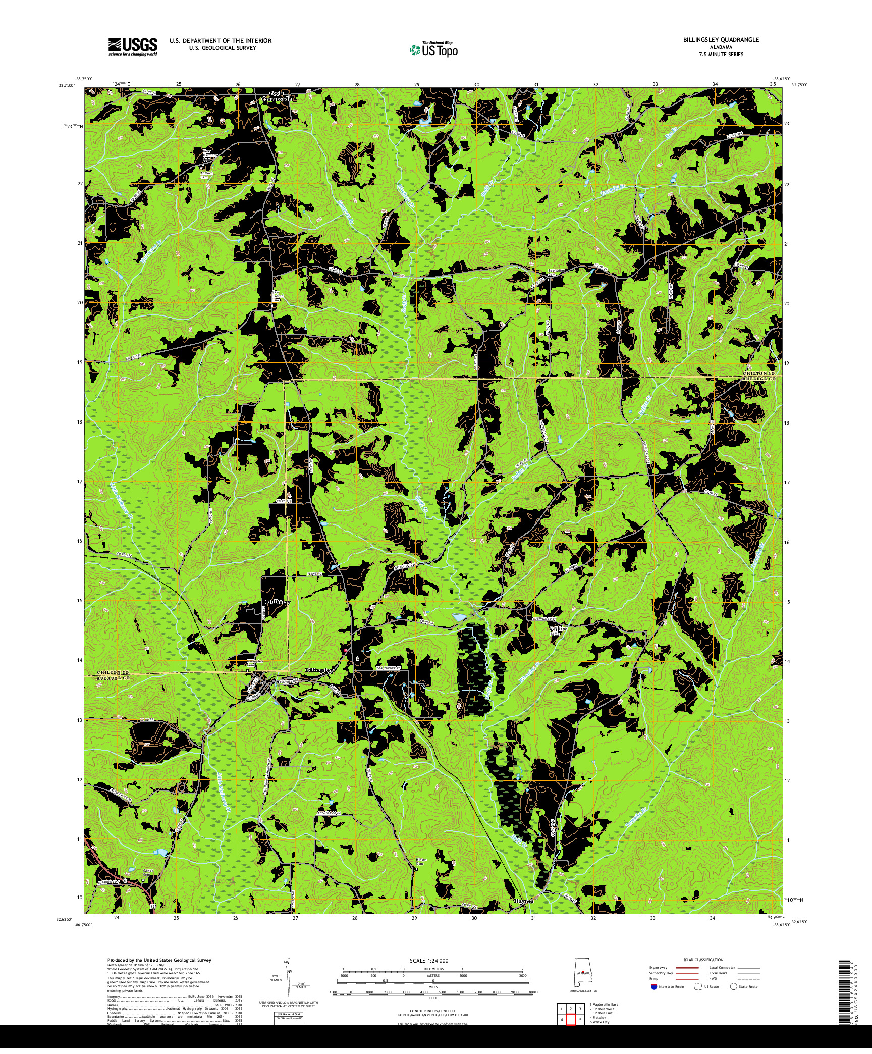 USGS US TOPO 7.5-MINUTE MAP FOR BILLINGSLEY, AL 2018