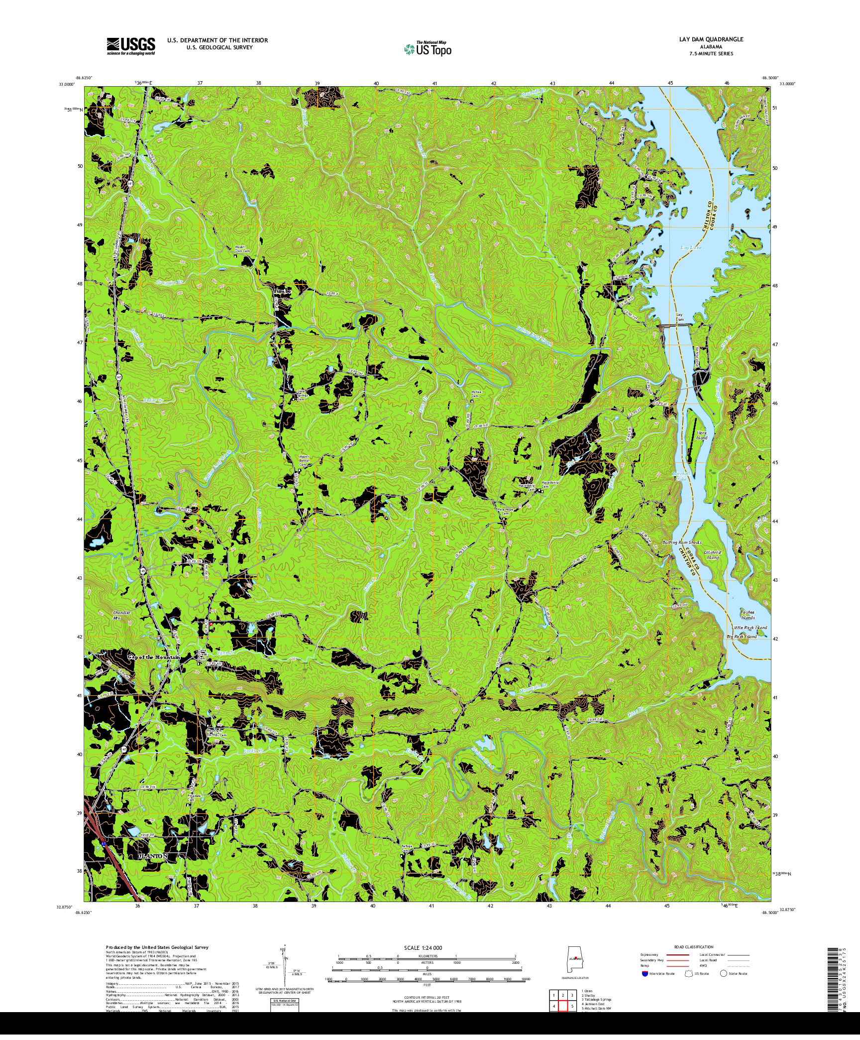 USGS US TOPO 7.5-MINUTE MAP FOR LAY DAM, AL 2018