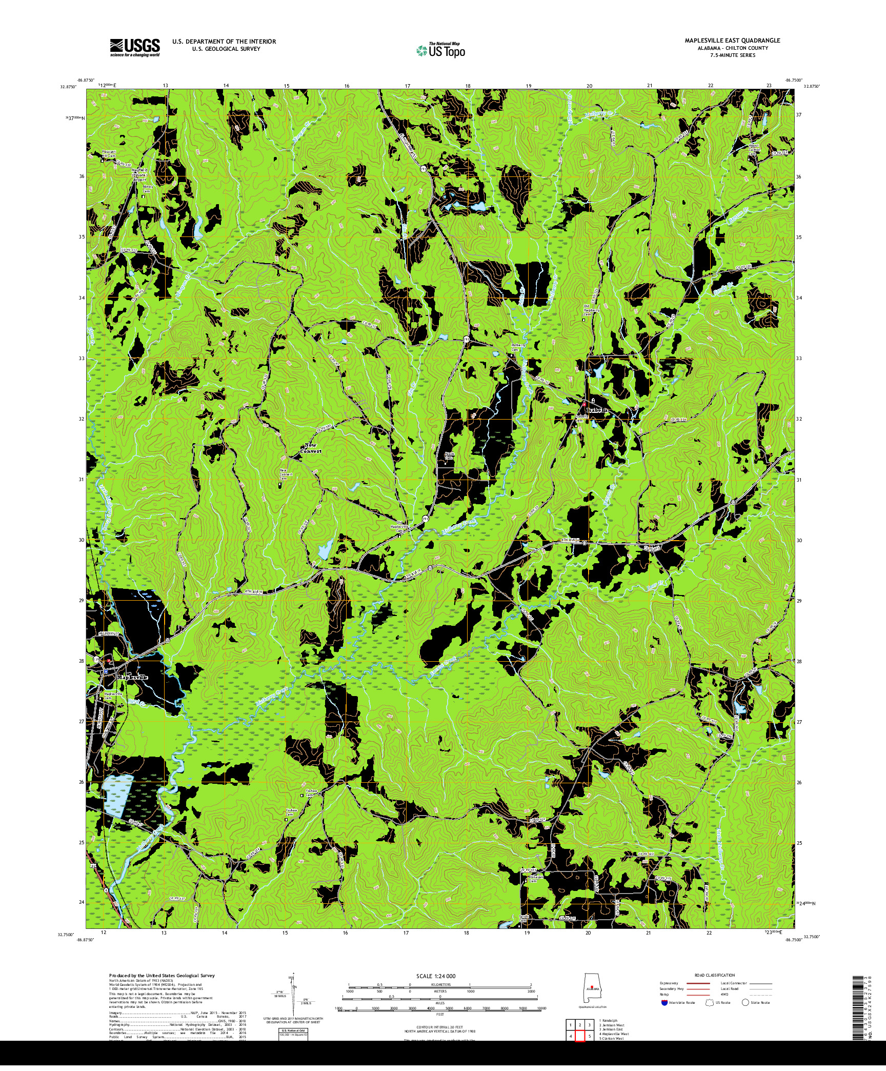 USGS US TOPO 7.5-MINUTE MAP FOR MAPLESVILLE EAST, AL 2018