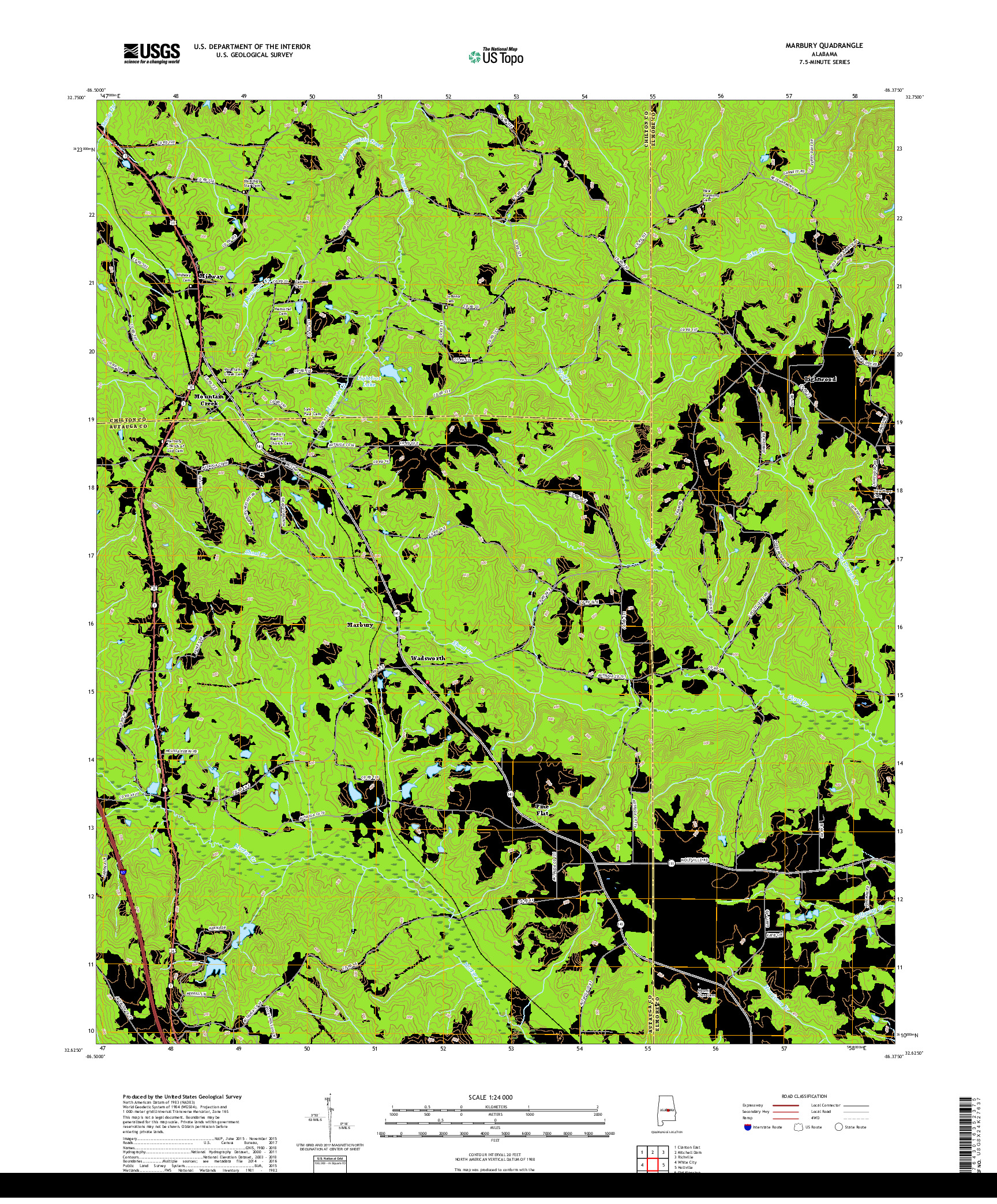 USGS US TOPO 7.5-MINUTE MAP FOR MARBURY, AL 2018