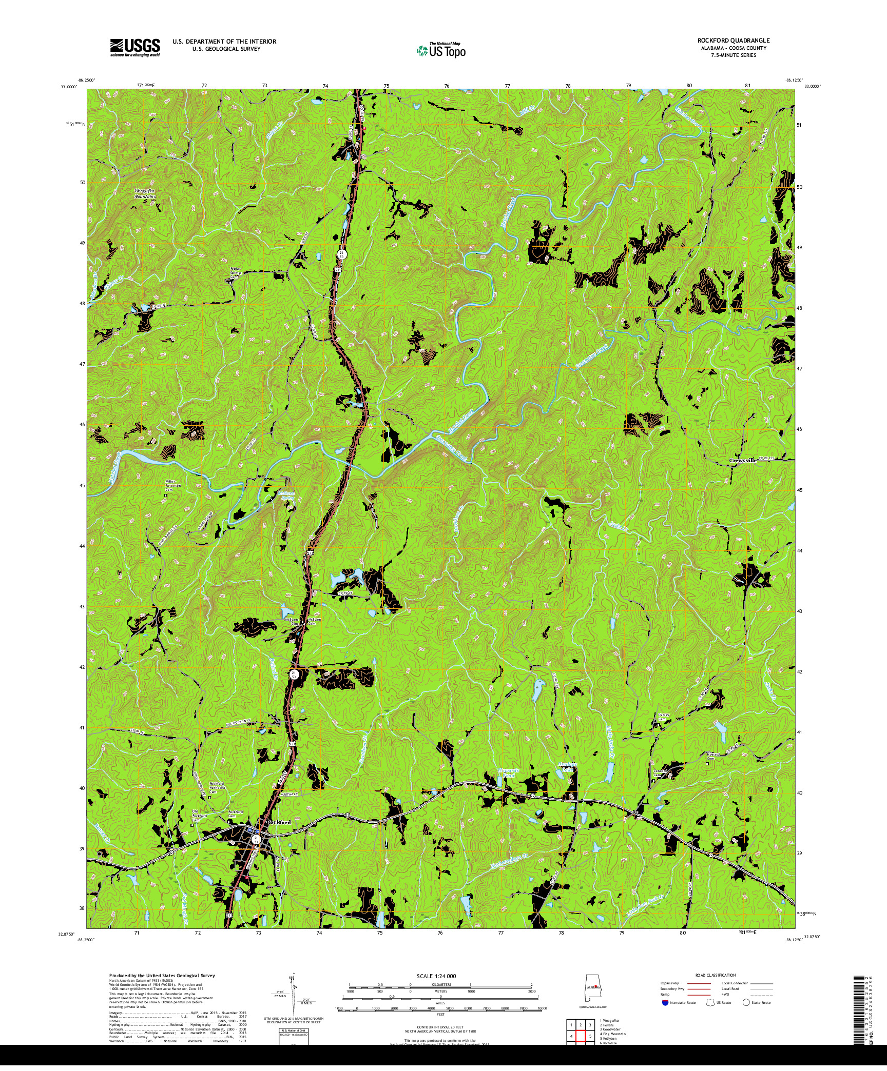 USGS US TOPO 7.5-MINUTE MAP FOR ROCKFORD, AL 2018