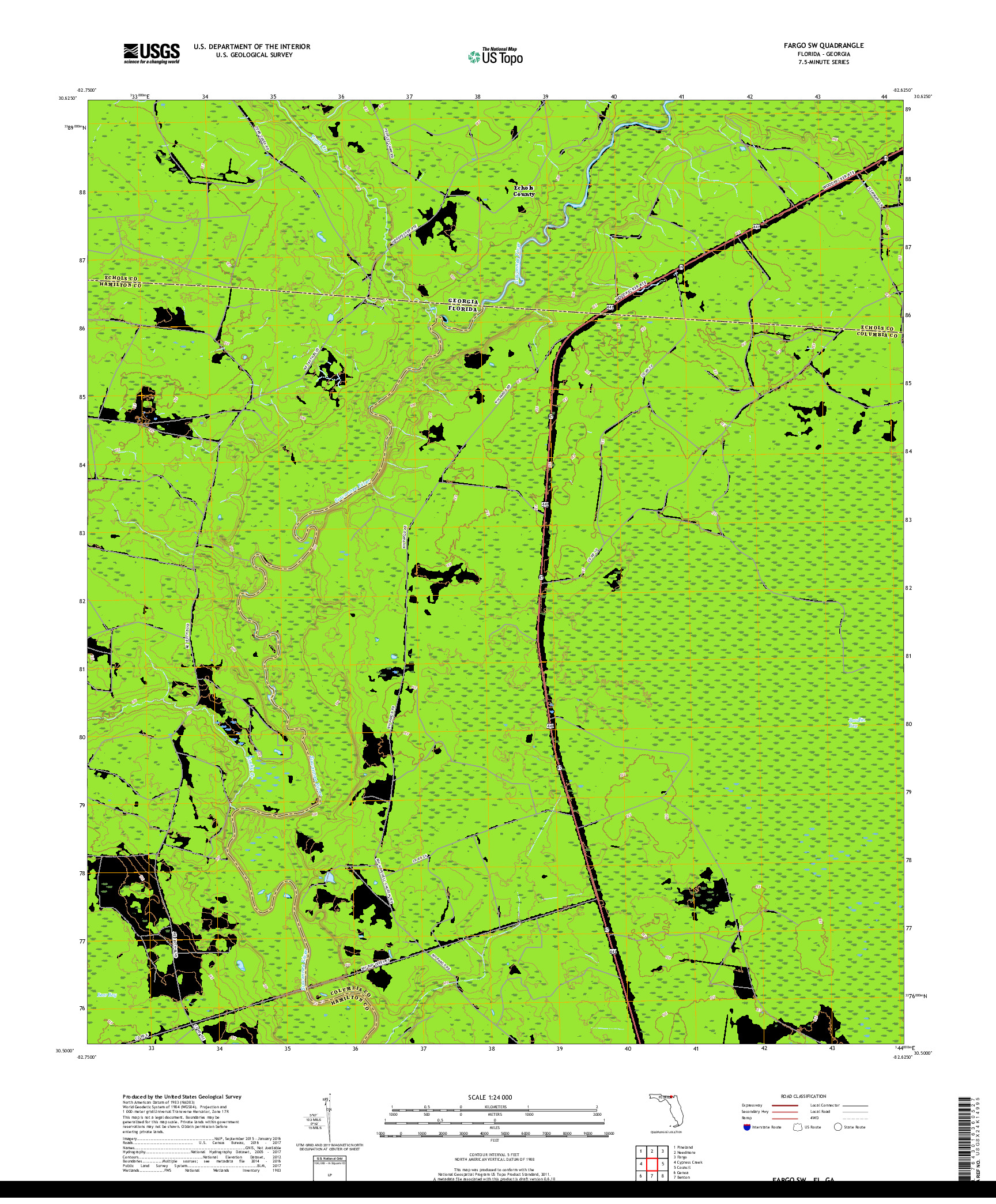 USGS US TOPO 7.5-MINUTE MAP FOR FARGO SW, FL,GA 2018