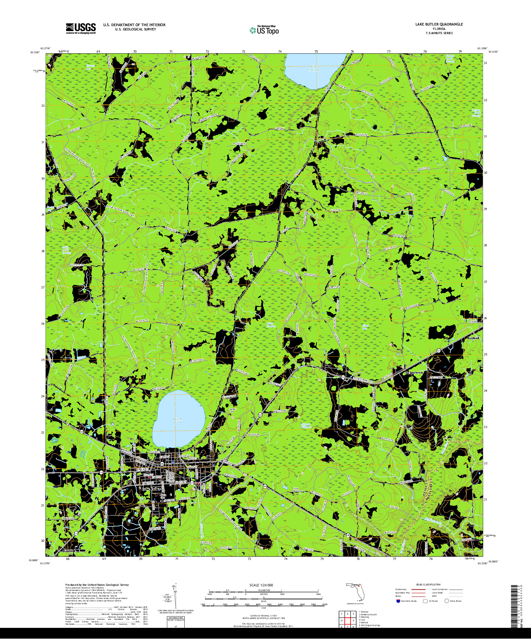 USGS US TOPO 7.5-MINUTE MAP FOR LAKE BUTLER, FL 2018