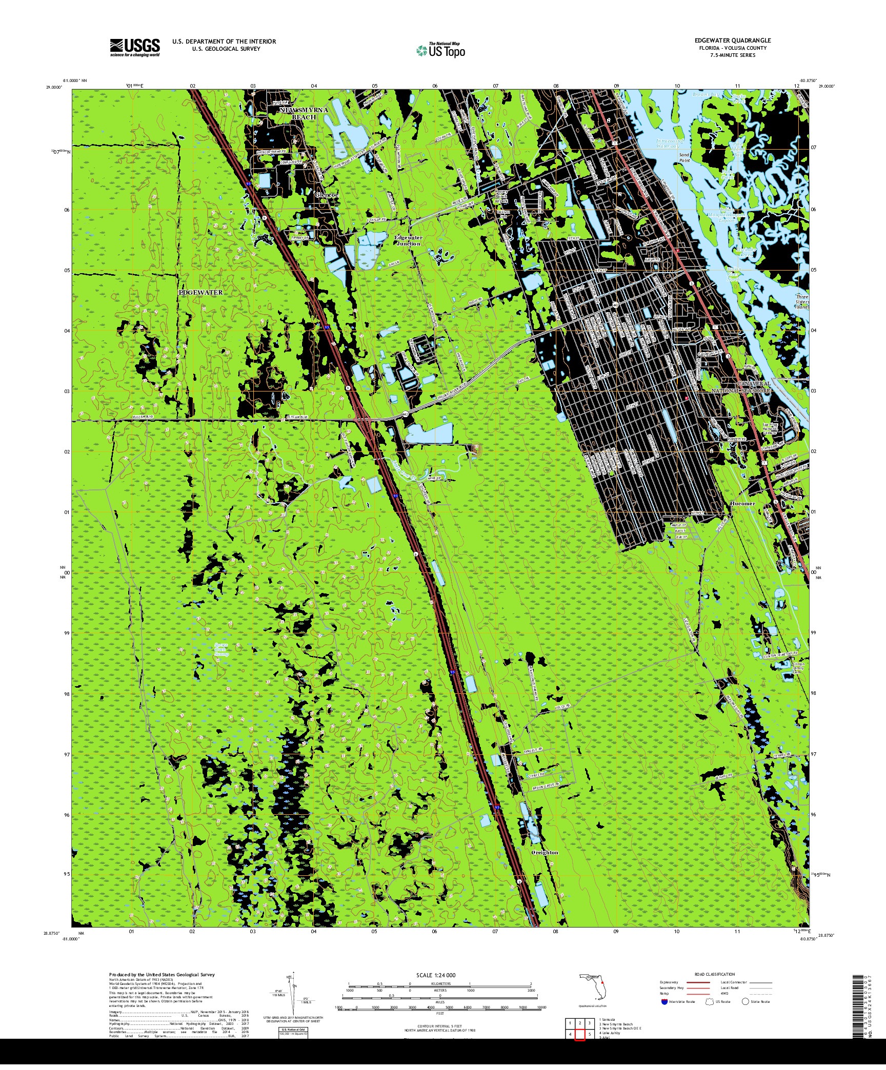 USGS US TOPO 7.5-MINUTE MAP FOR EDGEWATER, FL 2018