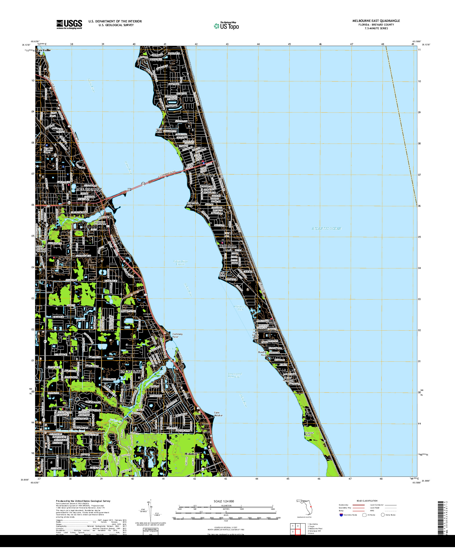 USGS US TOPO 7.5-MINUTE MAP FOR MELBOURNE EAST, FL 2018