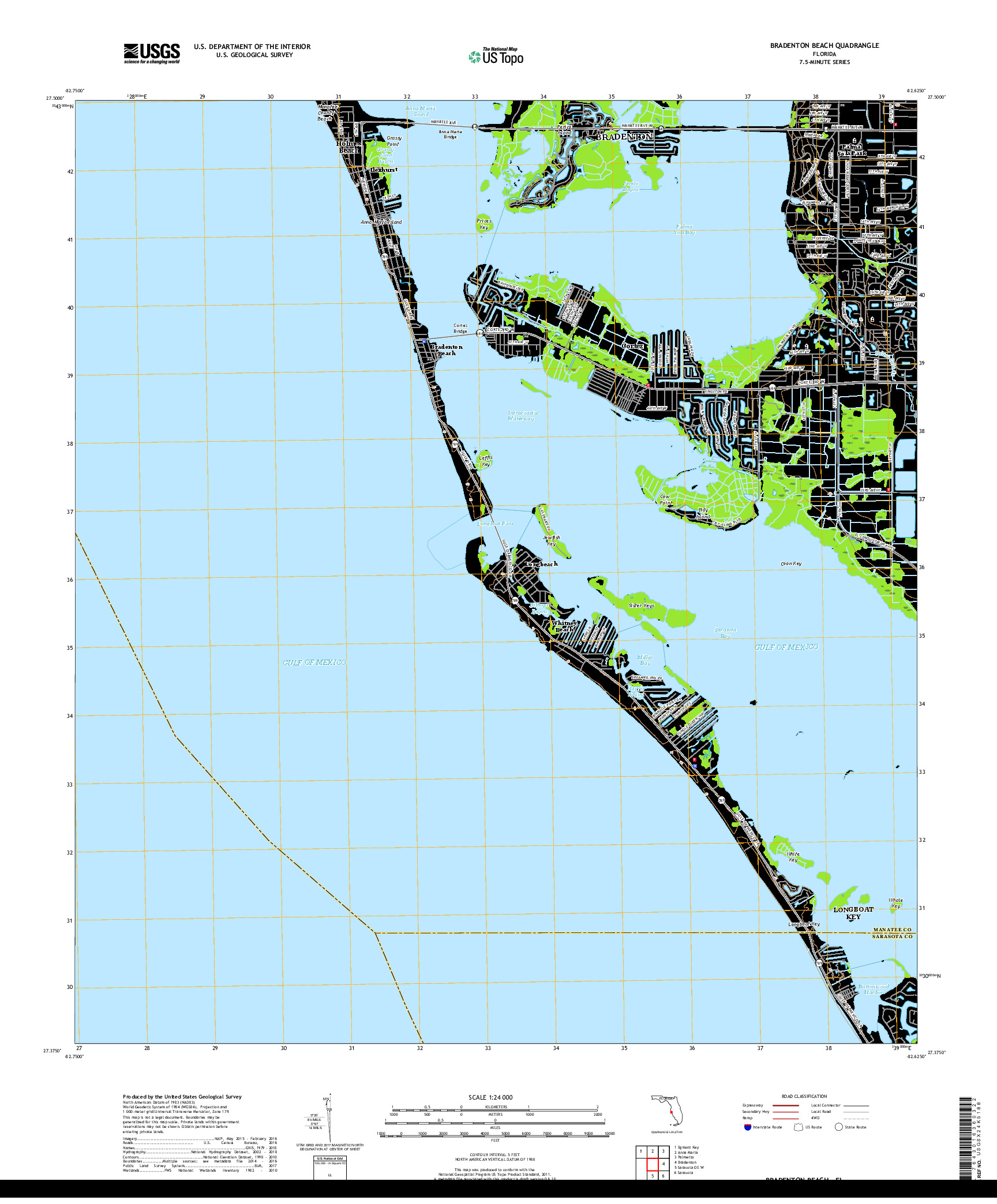 USGS US TOPO 7.5-MINUTE MAP FOR BRADENTON BEACH, FL 2018