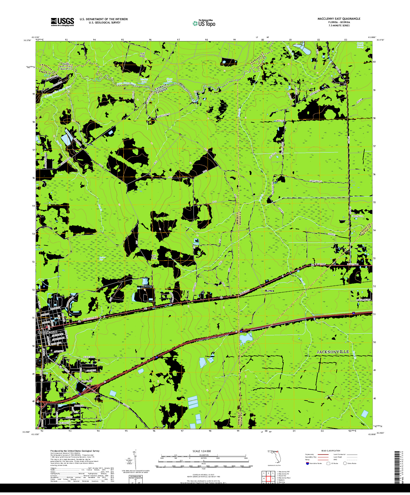 USGS US TOPO 7.5-MINUTE MAP FOR MACCLENNY EAST, FL,GA 2018