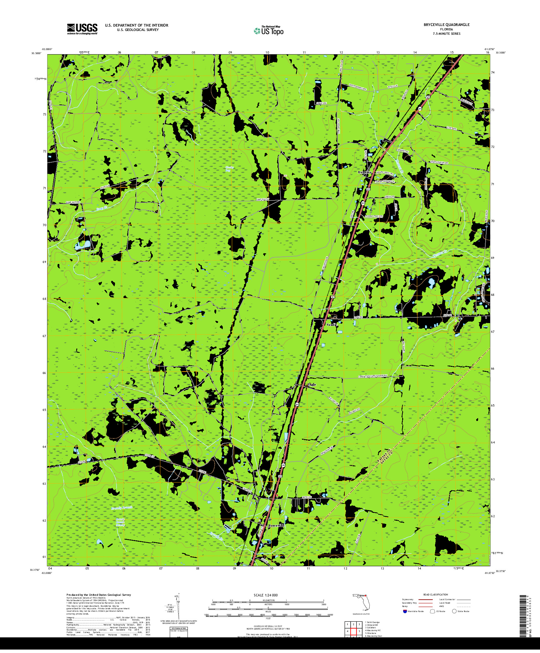 USGS US TOPO 7.5-MINUTE MAP FOR BRYCEVILLE, FL 2018