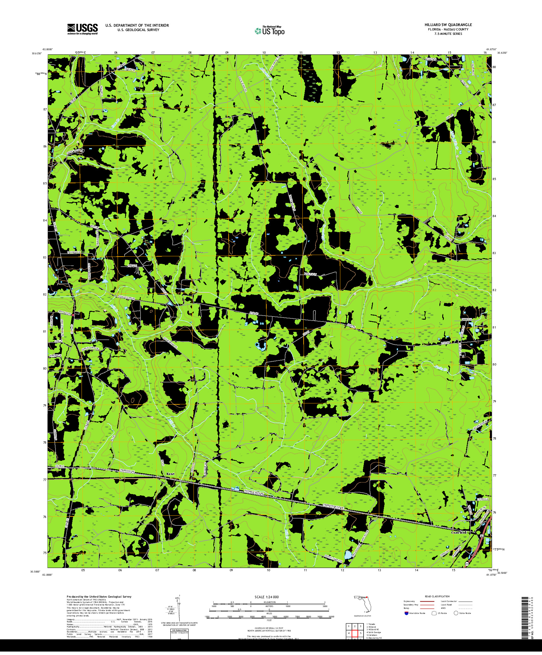 USGS US TOPO 7.5-MINUTE MAP FOR HILLIARD SW, FL 2018