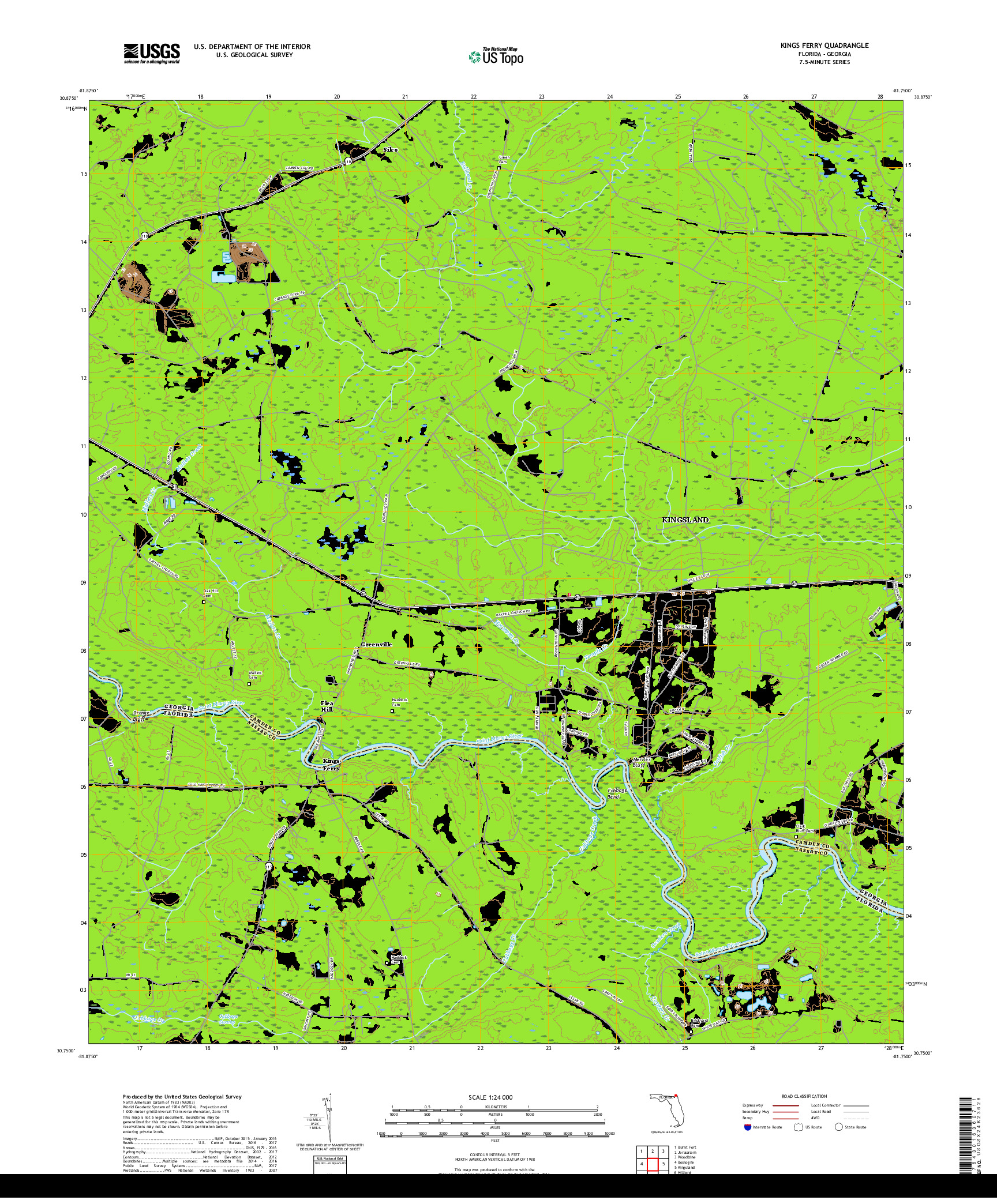 USGS US TOPO 7.5-MINUTE MAP FOR KINGS FERRY, FL,GA 2018