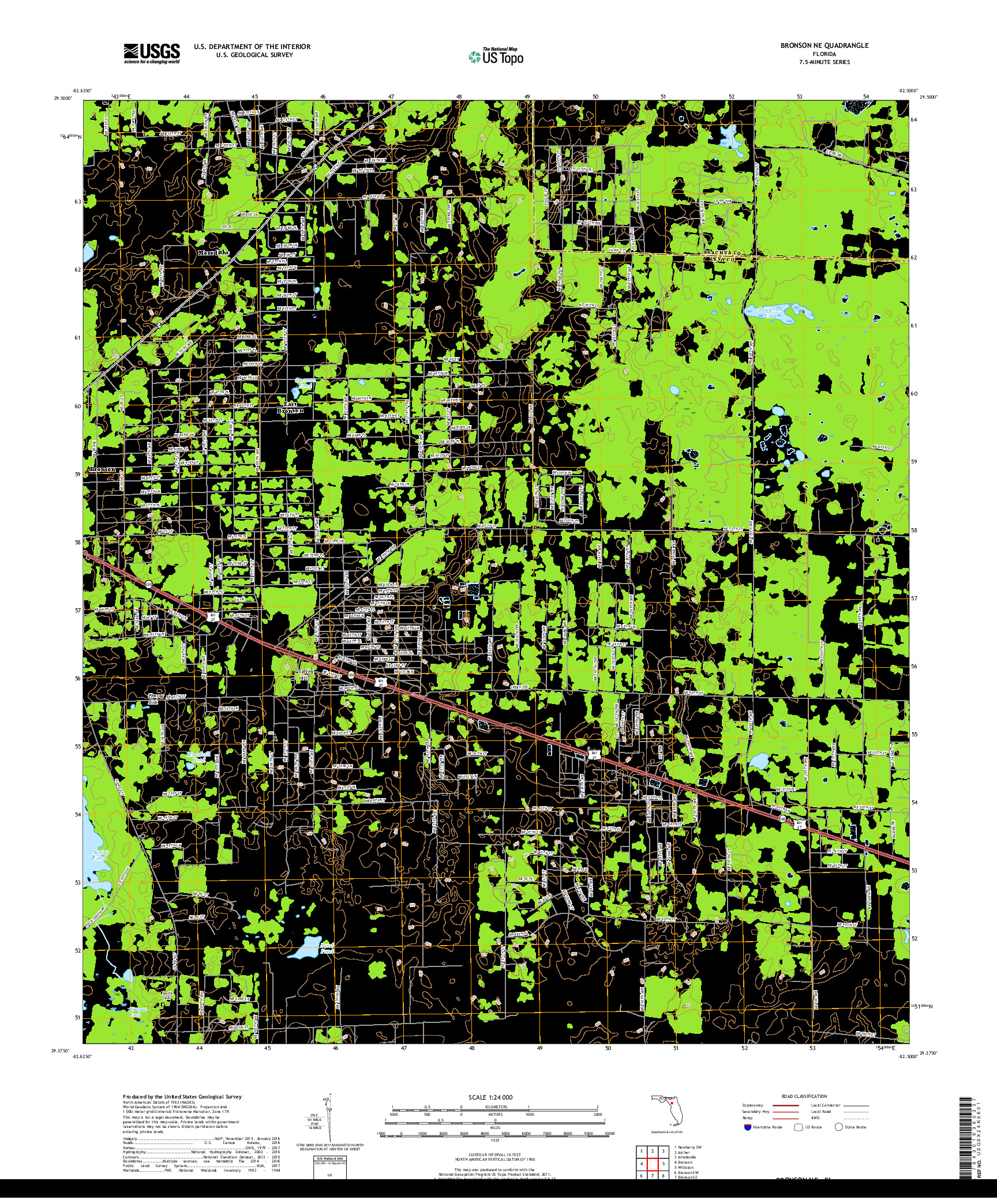 USGS US TOPO 7.5-MINUTE MAP FOR BRONSON NE, FL 2018