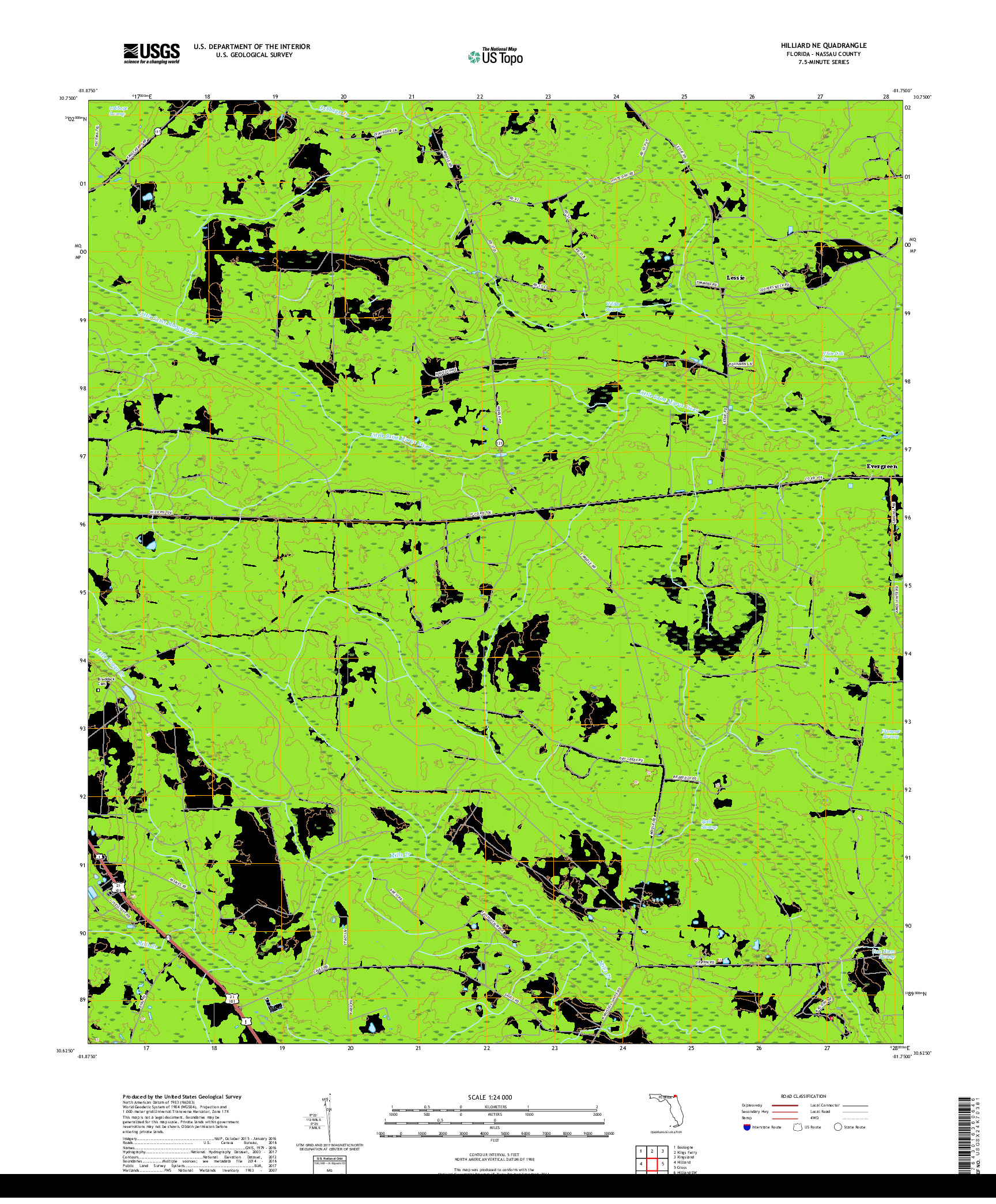 USGS US TOPO 7.5-MINUTE MAP FOR HILLIARD NE, FL 2018