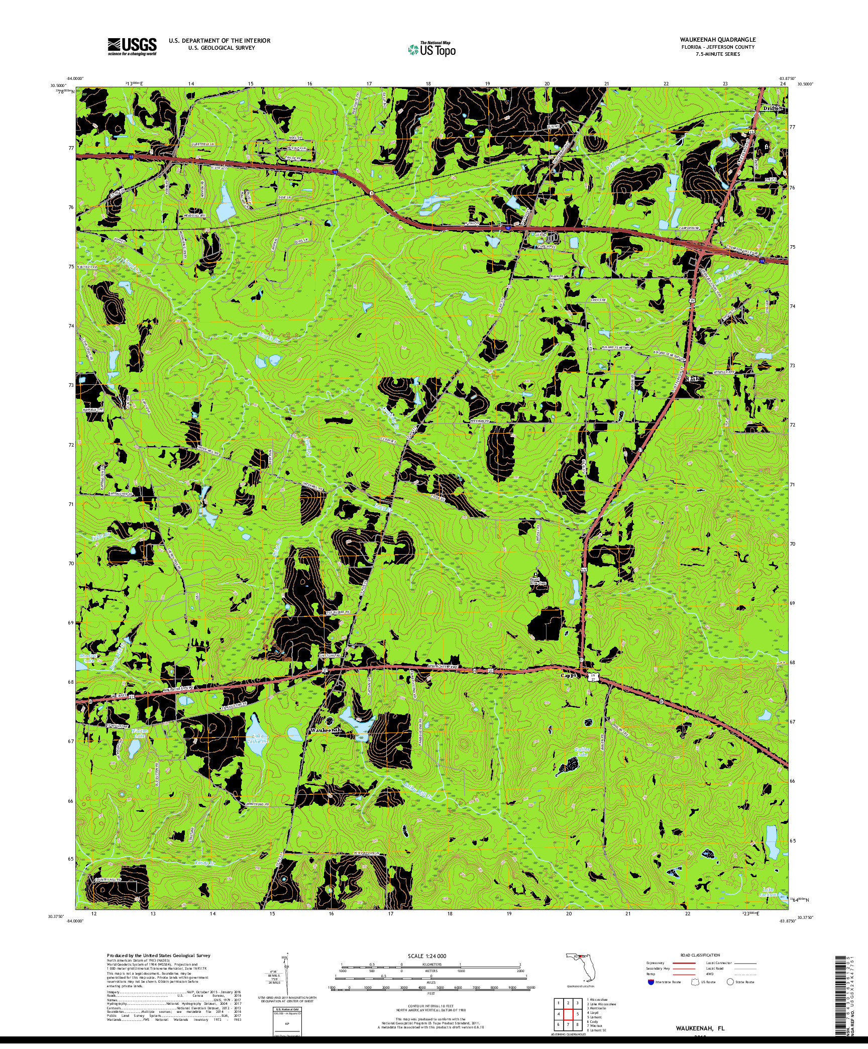 USGS US TOPO 7.5-MINUTE MAP FOR WAUKEENAH, FL 2018