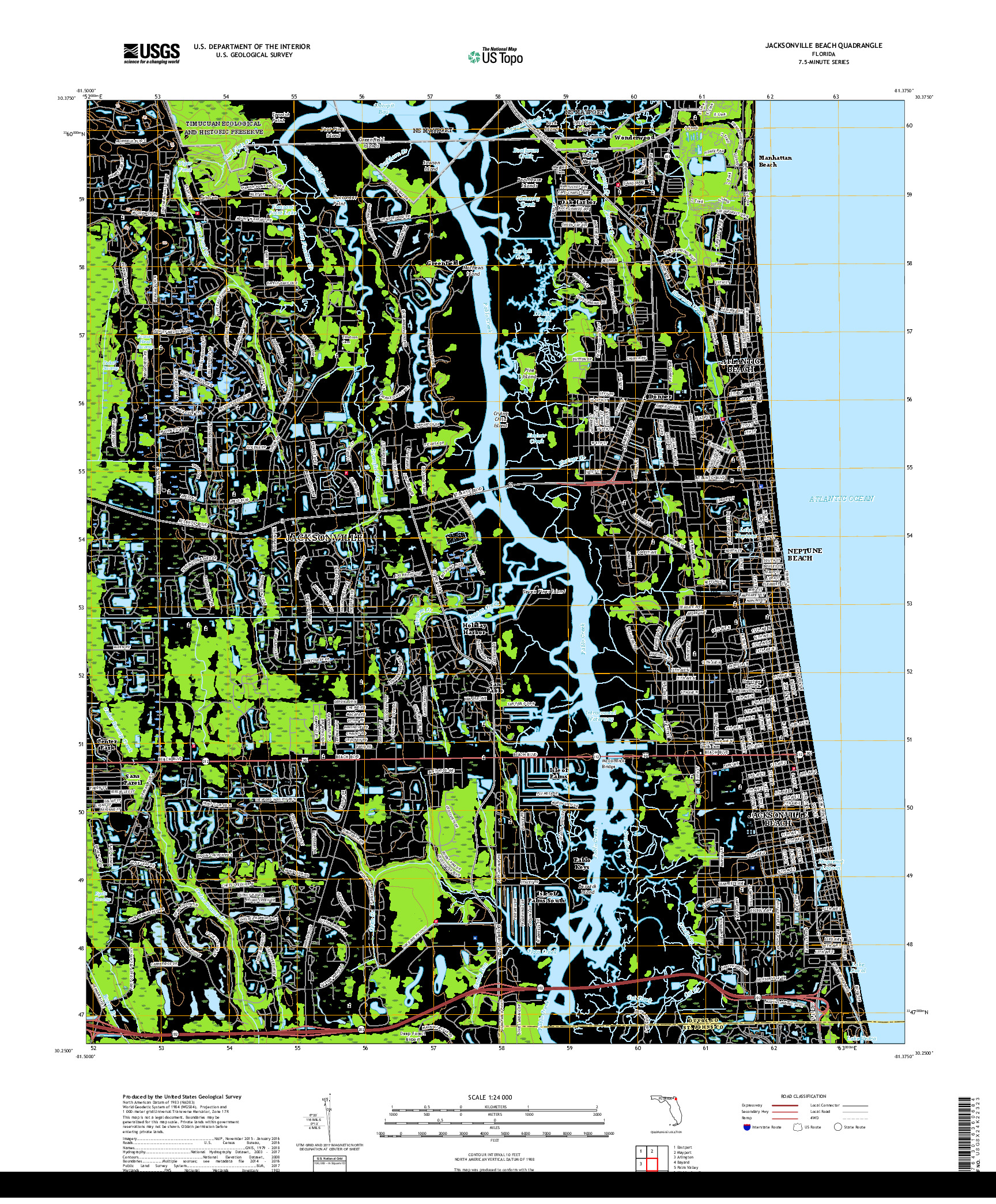 USGS US TOPO 7.5-MINUTE MAP FOR JACKSONVILLE BEACH, FL 2018