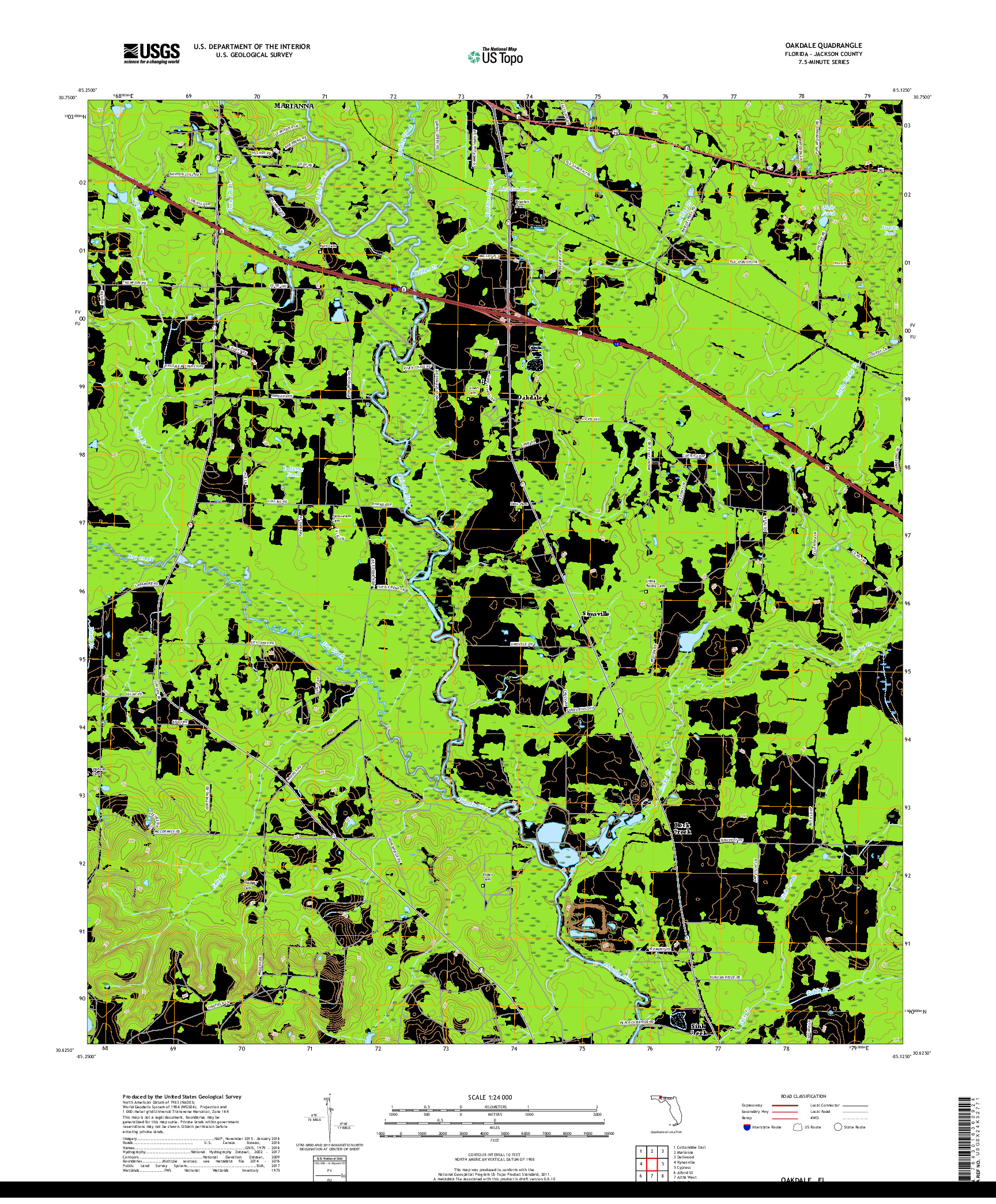 USGS US TOPO 7.5-MINUTE MAP FOR OAKDALE, FL 2018