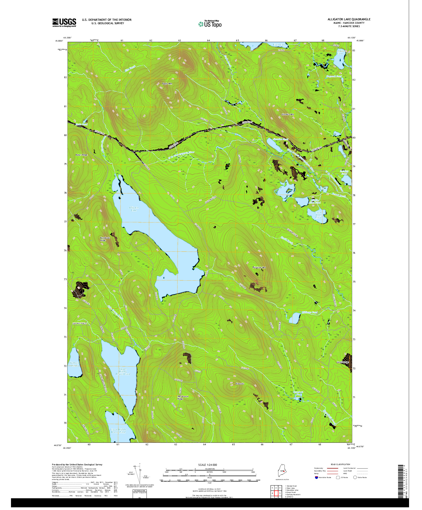 USGS US TOPO 7.5-MINUTE MAP FOR ALLIGATOR LAKE, ME 2018