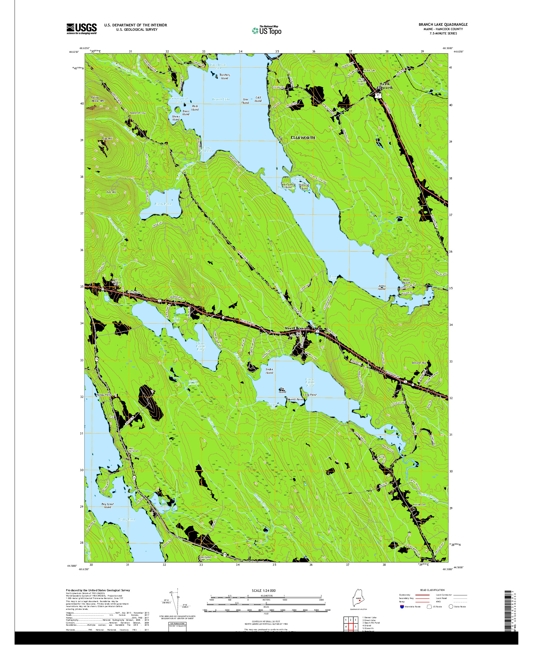 USGS US TOPO 7.5-MINUTE MAP FOR BRANCH LAKE, ME 2018