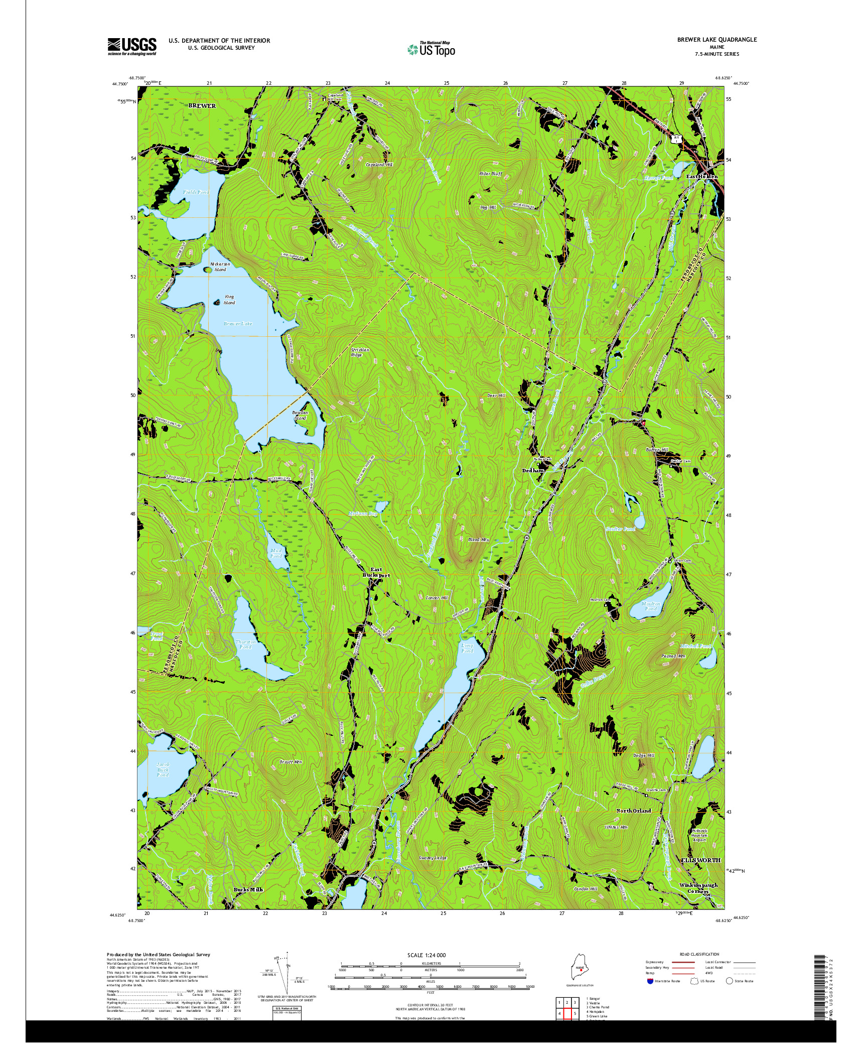 USGS US TOPO 7.5-MINUTE MAP FOR BREWER LAKE, ME 2018