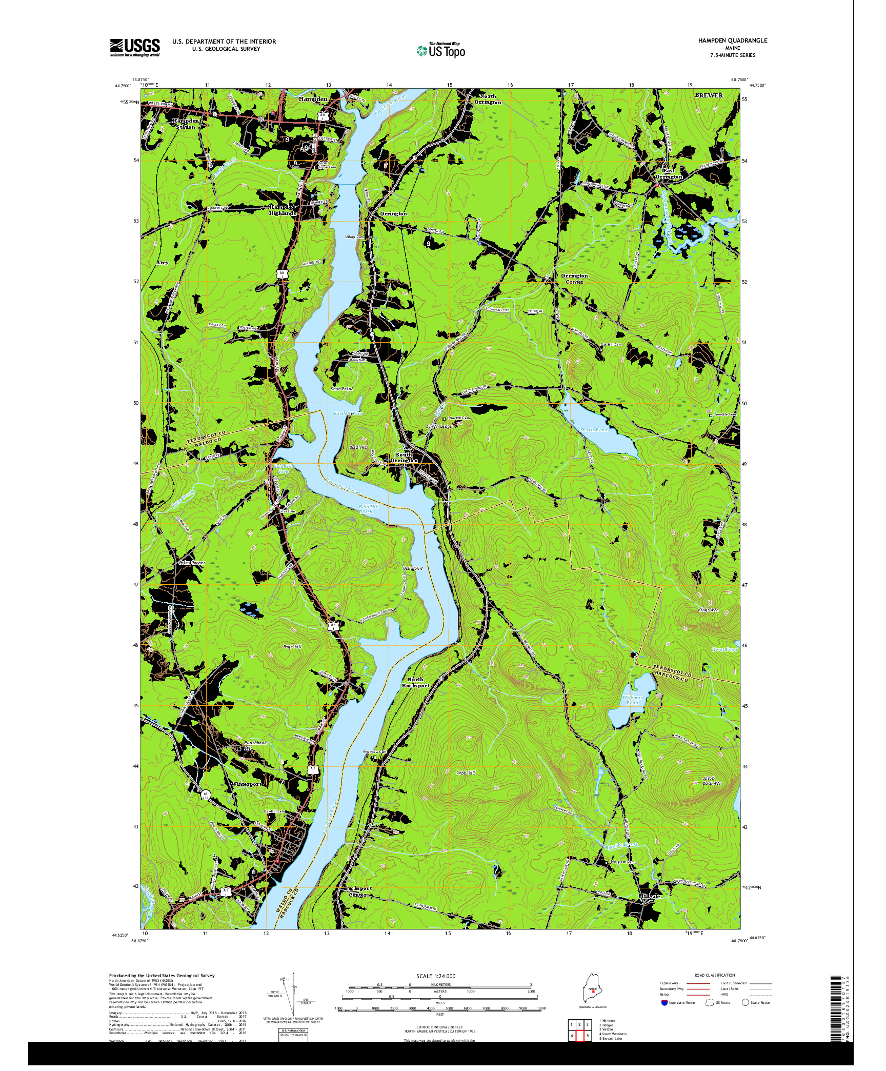 USGS US TOPO 7.5-MINUTE MAP FOR HAMPDEN, ME 2018